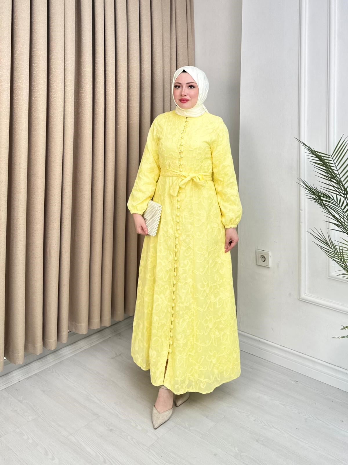 Rw5298-Flora İşlemeli Elbise-Sarı