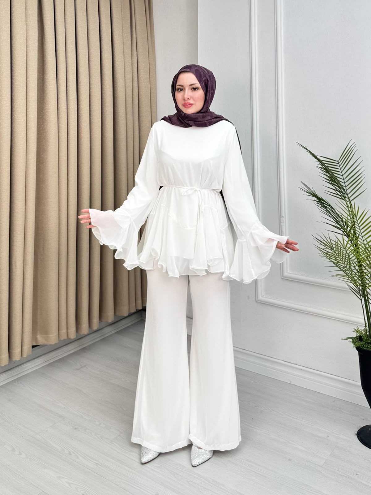 Sf5567-Şifon Pantolonlu Takım-Beyaz