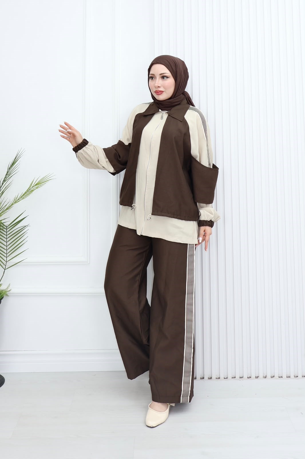 Sr5579c-Vual Cepli Fermuarlı Pantolon Takım-Kahverengi