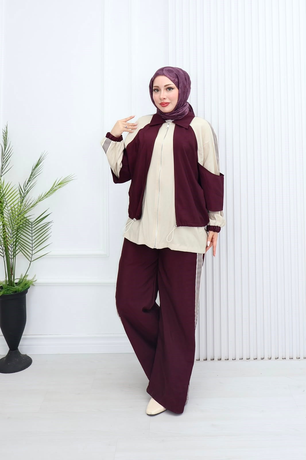 Sr5579c-Vual Cepli Fermuarlı Pantolonlu Takım-Mürdüm