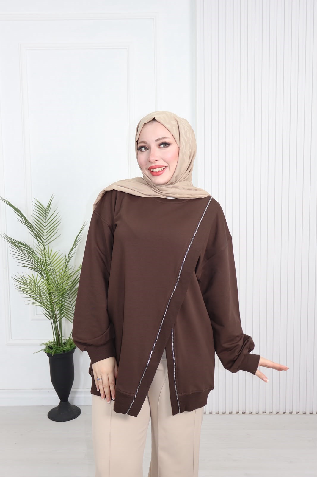 Wb6382-Kruvaze Tasarım Sweat-Kahverengi