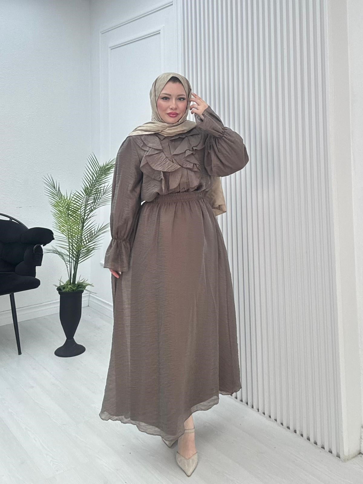 Yb3435-Aura Vual Etekli Takım-Soft Kahverengi