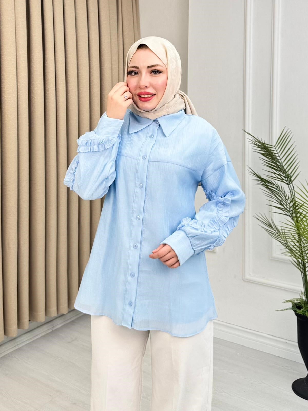 Yf2174-Lilya Fırfır Detaylı Gömlek-Mavi