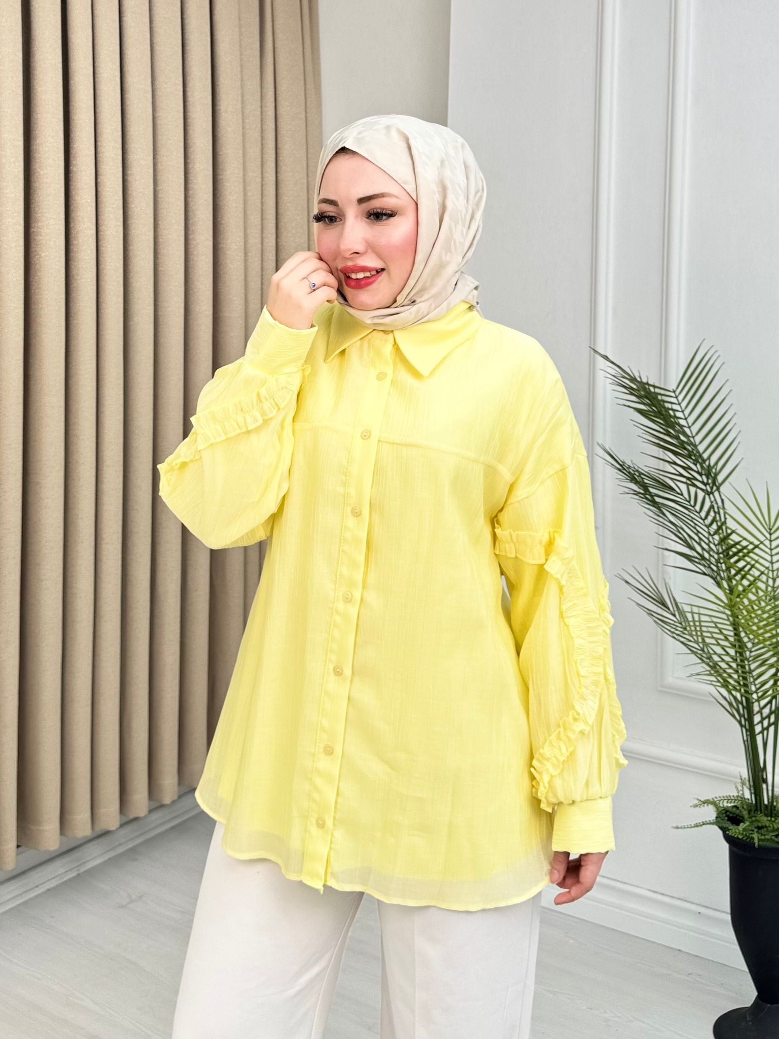 Yf2174-Lilya Fırfır Detaylı Gömlek-Sarı