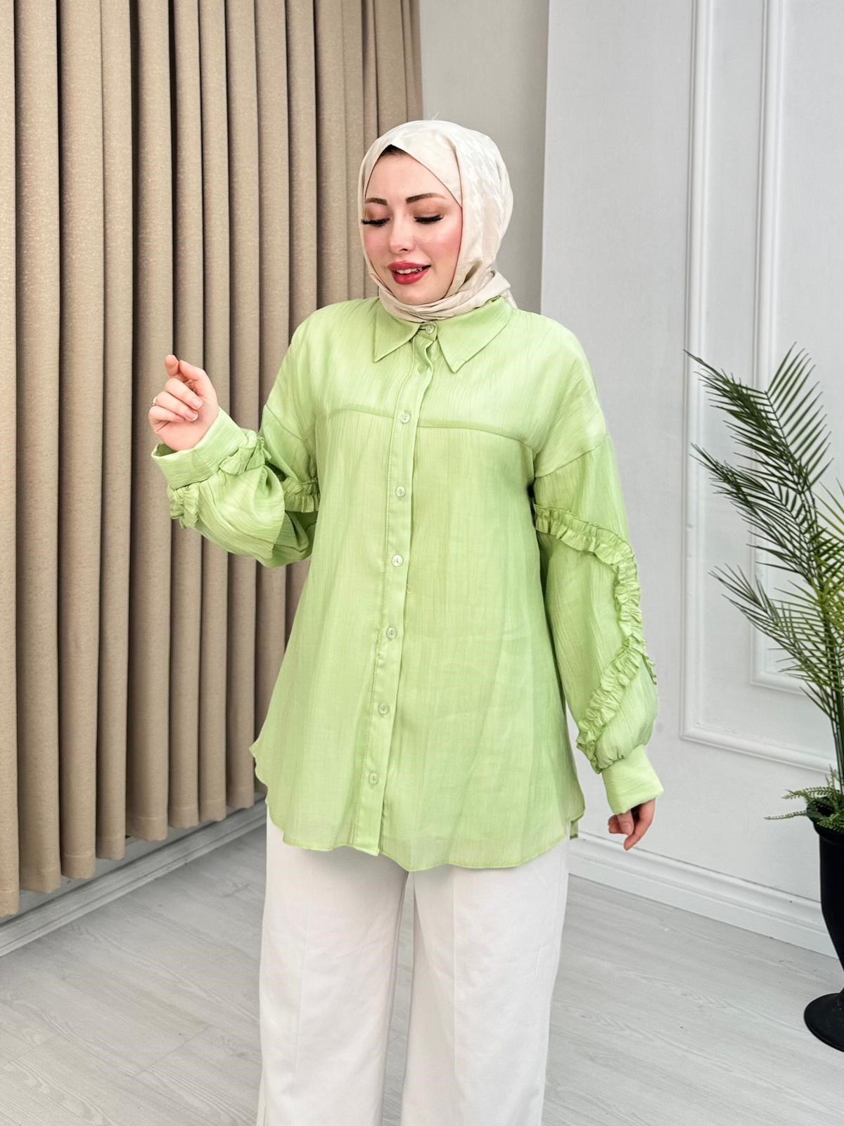 Yf2174-Lilya Fırfır Detaylı Gömlek-Yeşil