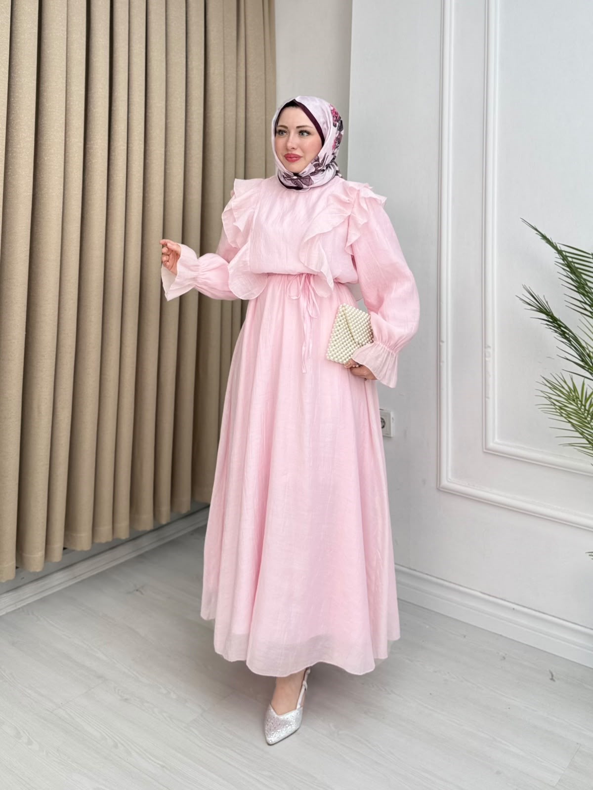 Ys6789-Safir Vual Elbise-Pembe