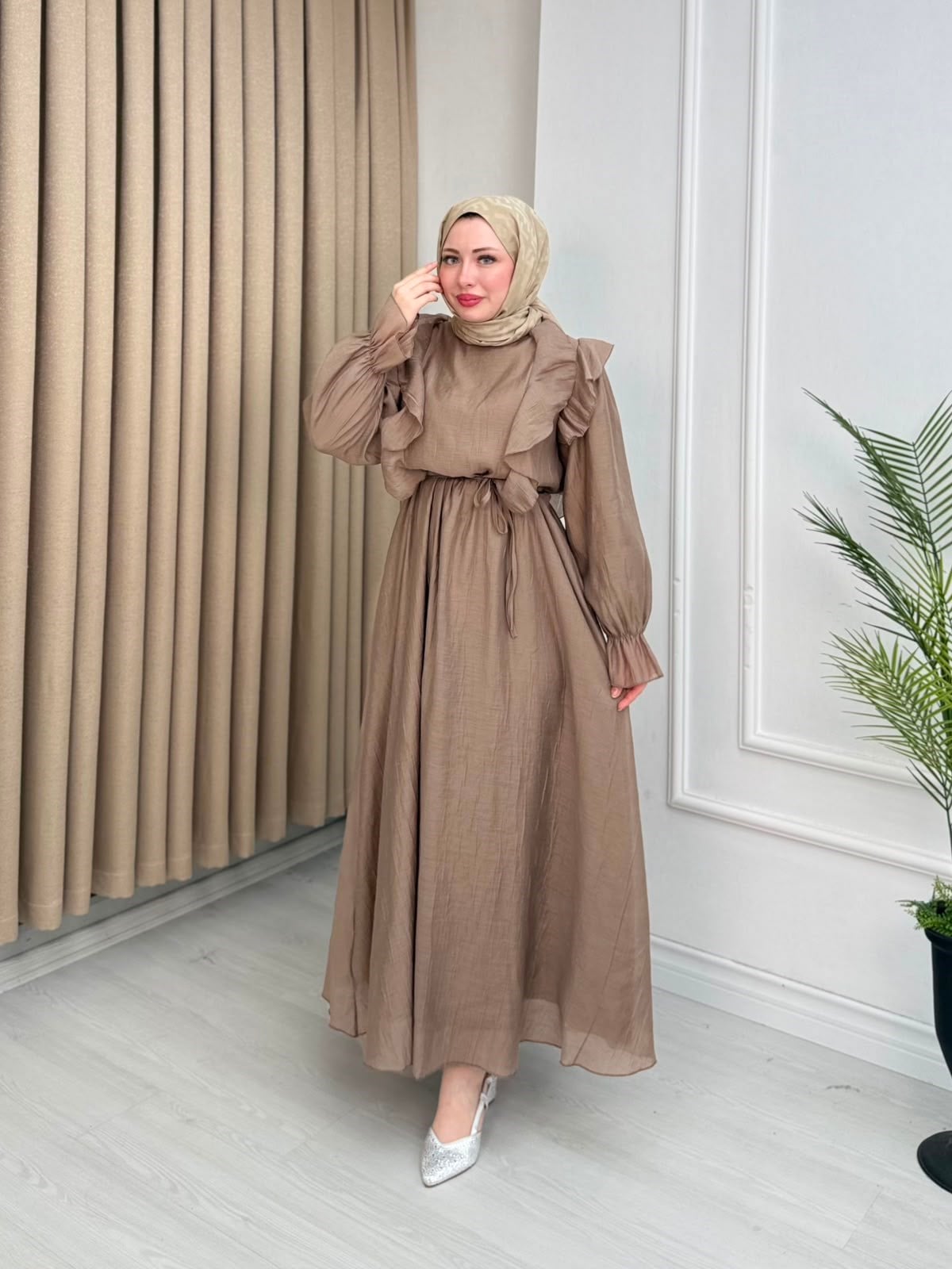 Ys6789-Safir Vual Elbise-Sütlü Kahve