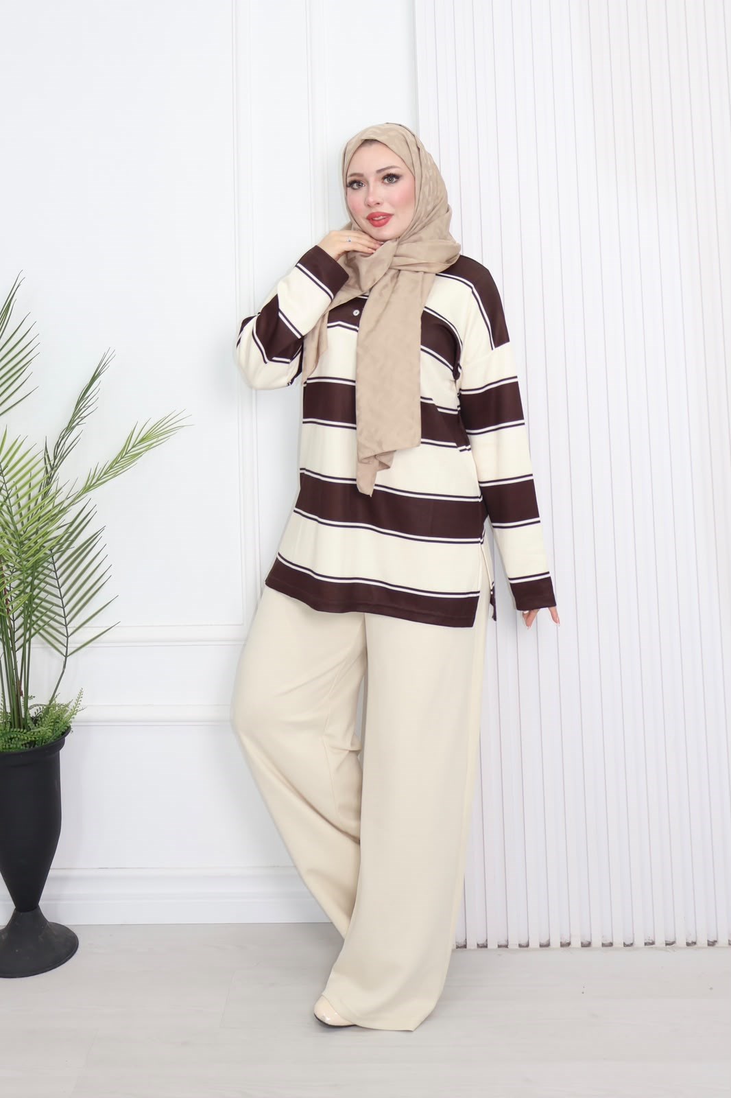 Zr8327-Çizgili Oysho Pantolonlu Takım-Ekru