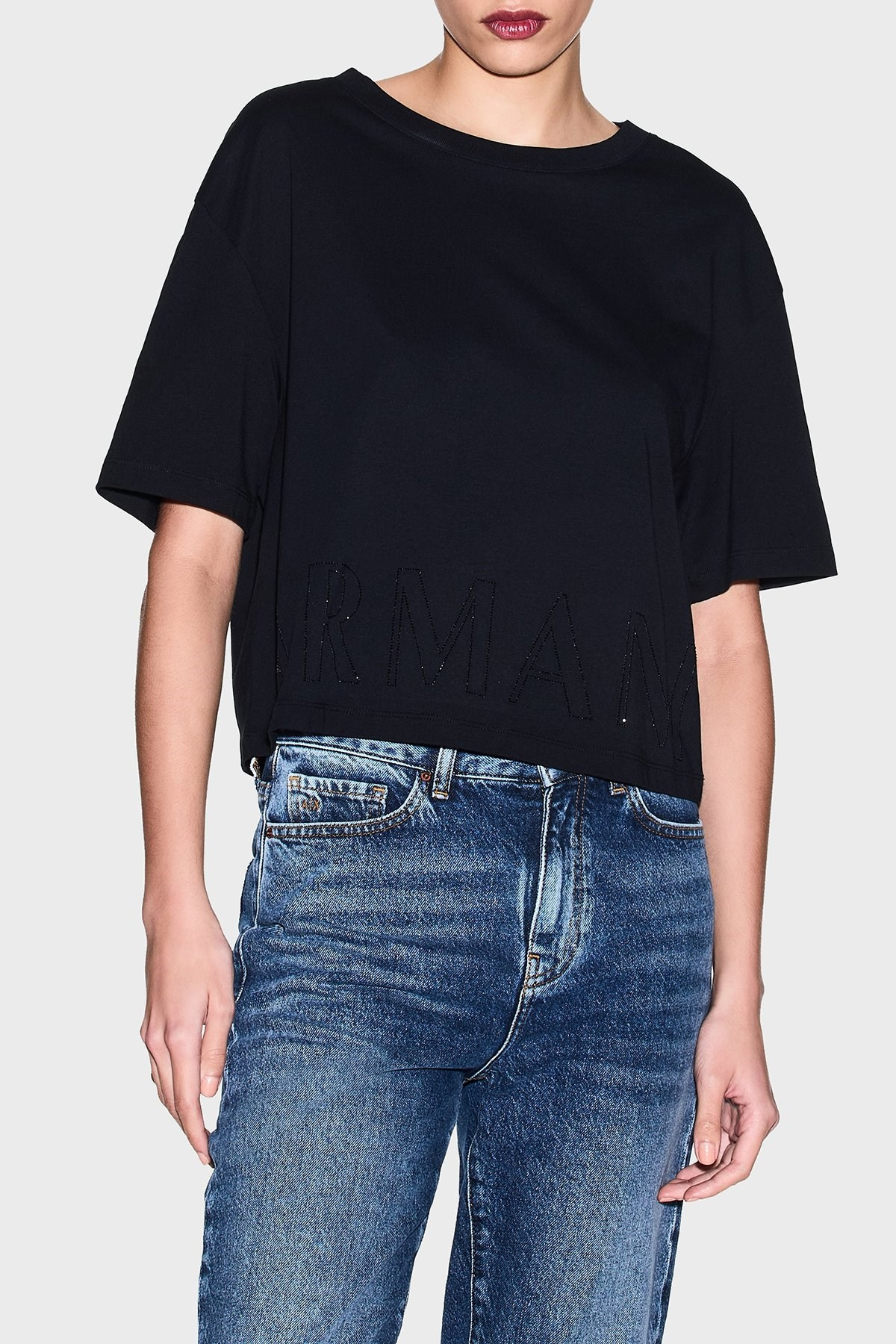 Armani Exchange Armani Exchange Kadın Kısa Kol Bisiklet Yaka Bel Kısmı Büyük ARMANI Yazı Desen Pamuklu Siyah T-Shirt XW001709 AF17172-UC001