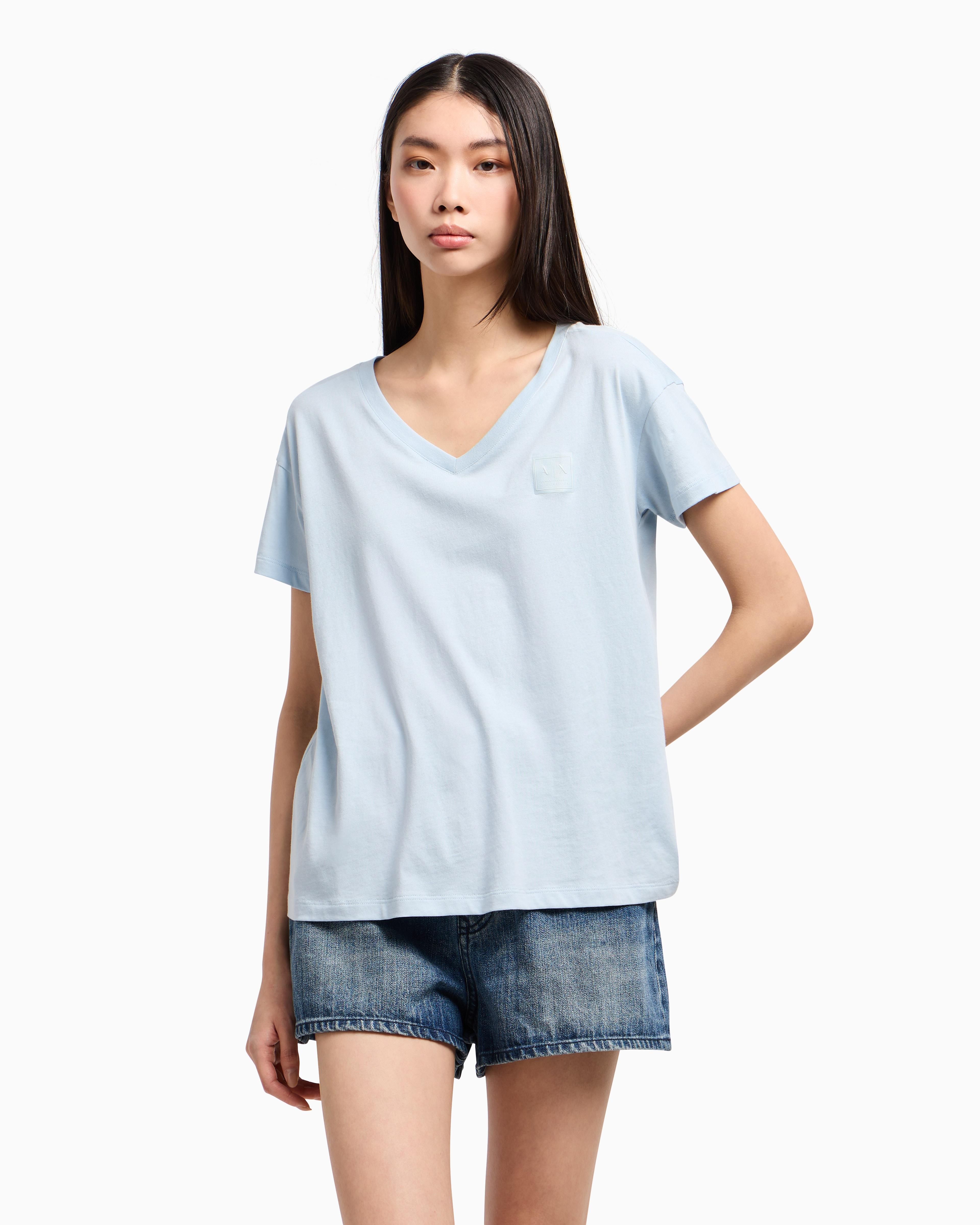 ARMANI EXCHANGE Armani Exchange Kadın Rahat Kalıp V Yala Pamuklu Kısa Kollu Açık Mavi T-Shirt XW000531 AF10359-U9278
