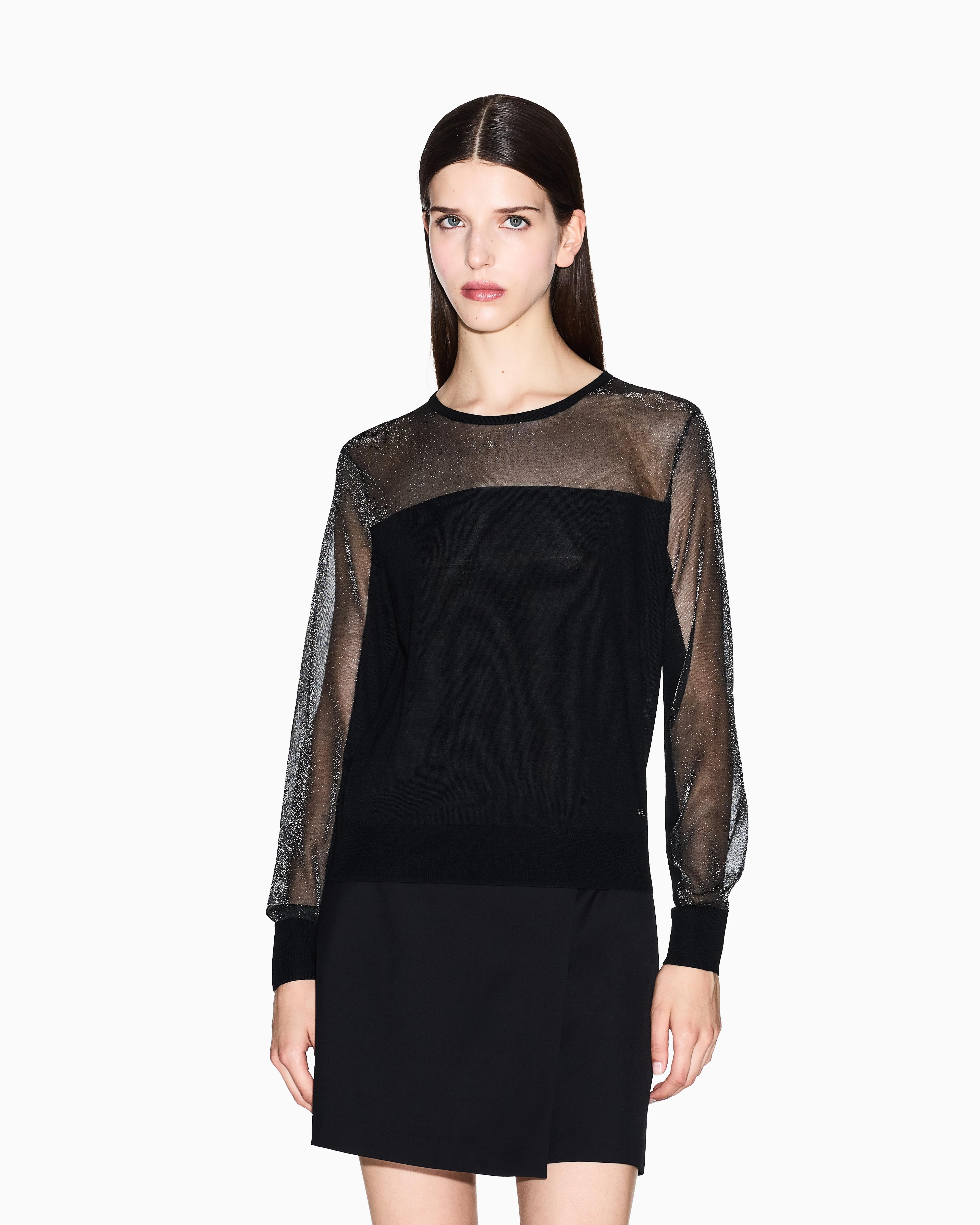 Armani Exchange Armani Exchange Kadın Uzun Kol Üst Kollarında Ve Yakasında Şeffaf DetaY Regular Fit Siyah Kazak XW000842 AF13781-MC108