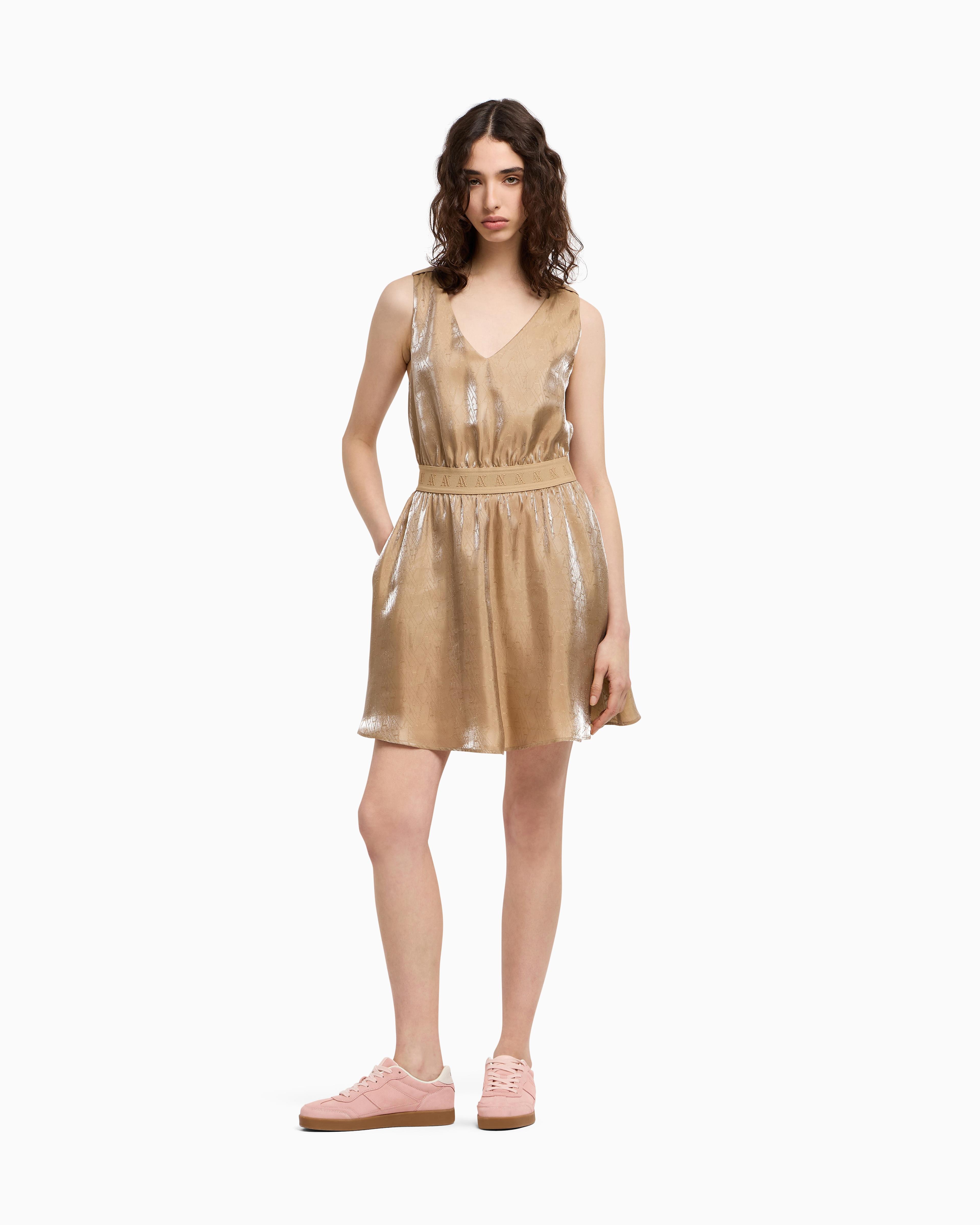ARMANI EXCHANGE Armani Exchange Kadın Lastikli Bel Bandı İki Yan Cep Saten Parlak Kumaş V yaka Gold Elbise XW000177 AF12055-F1018