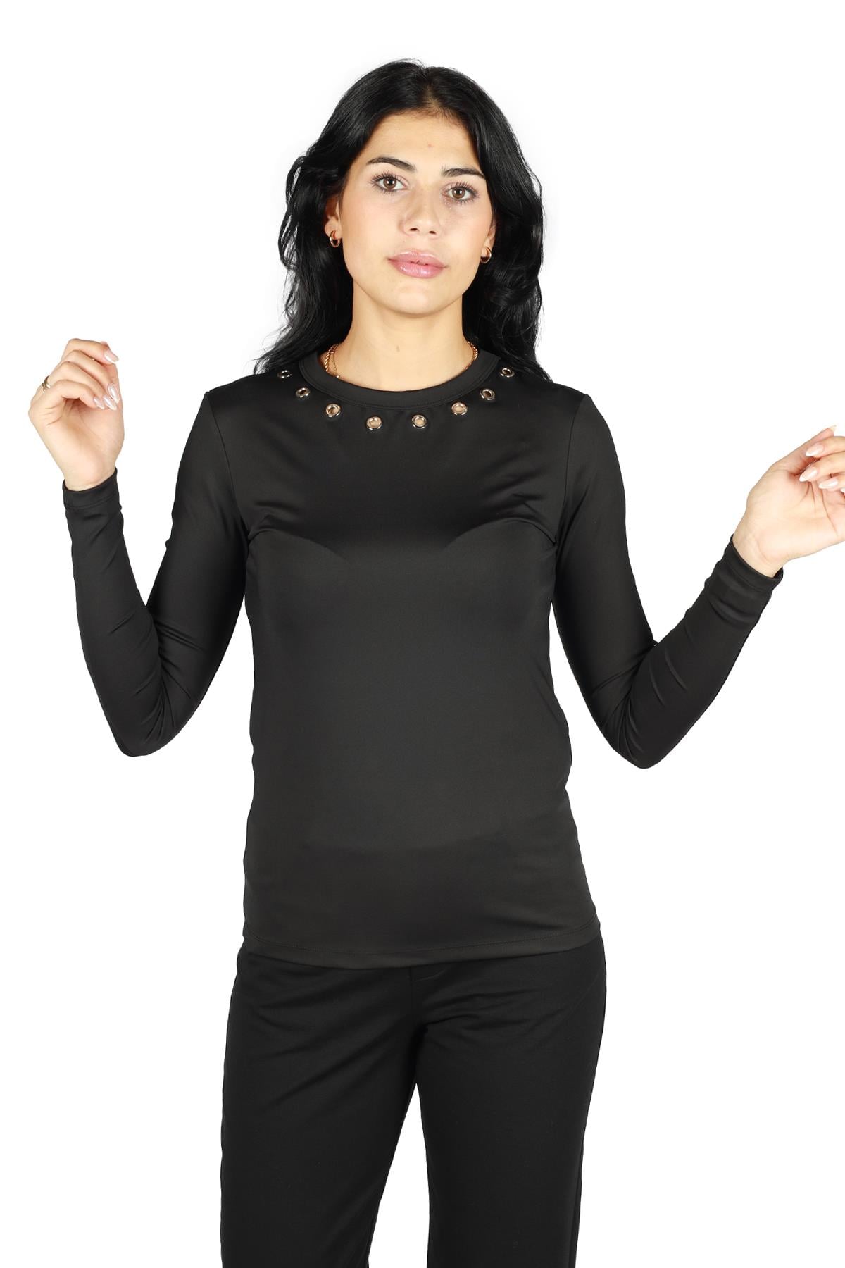 Berrin Berrin Kadın Pamuklu Regular Fit Yuvarlak Yaka Siyah Bluz IBR7108-SİYAH