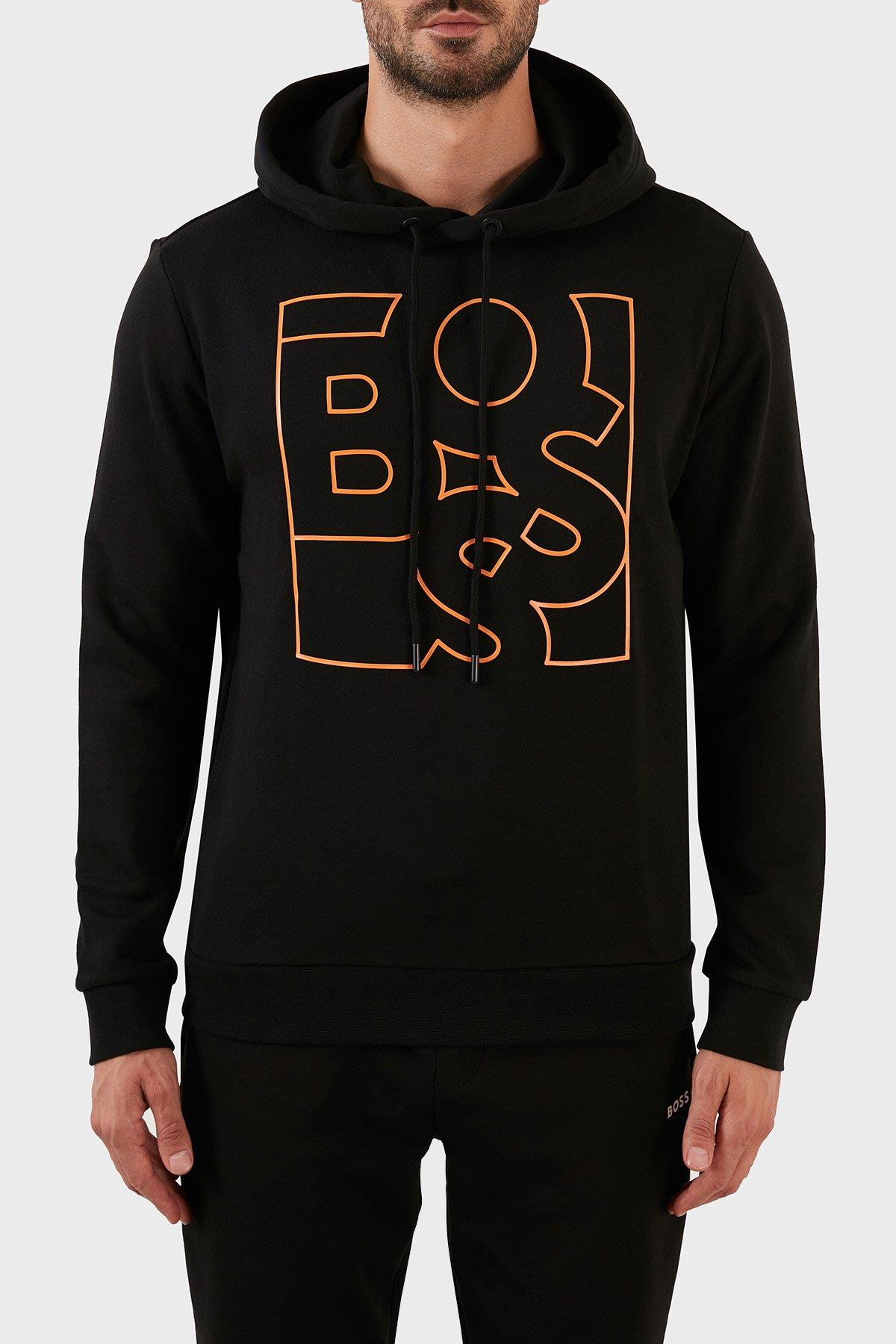 BOSS BOSS Erkek Baskılı Regular Fit Kapşonlu Siyah Sweatshirt 50477519-001