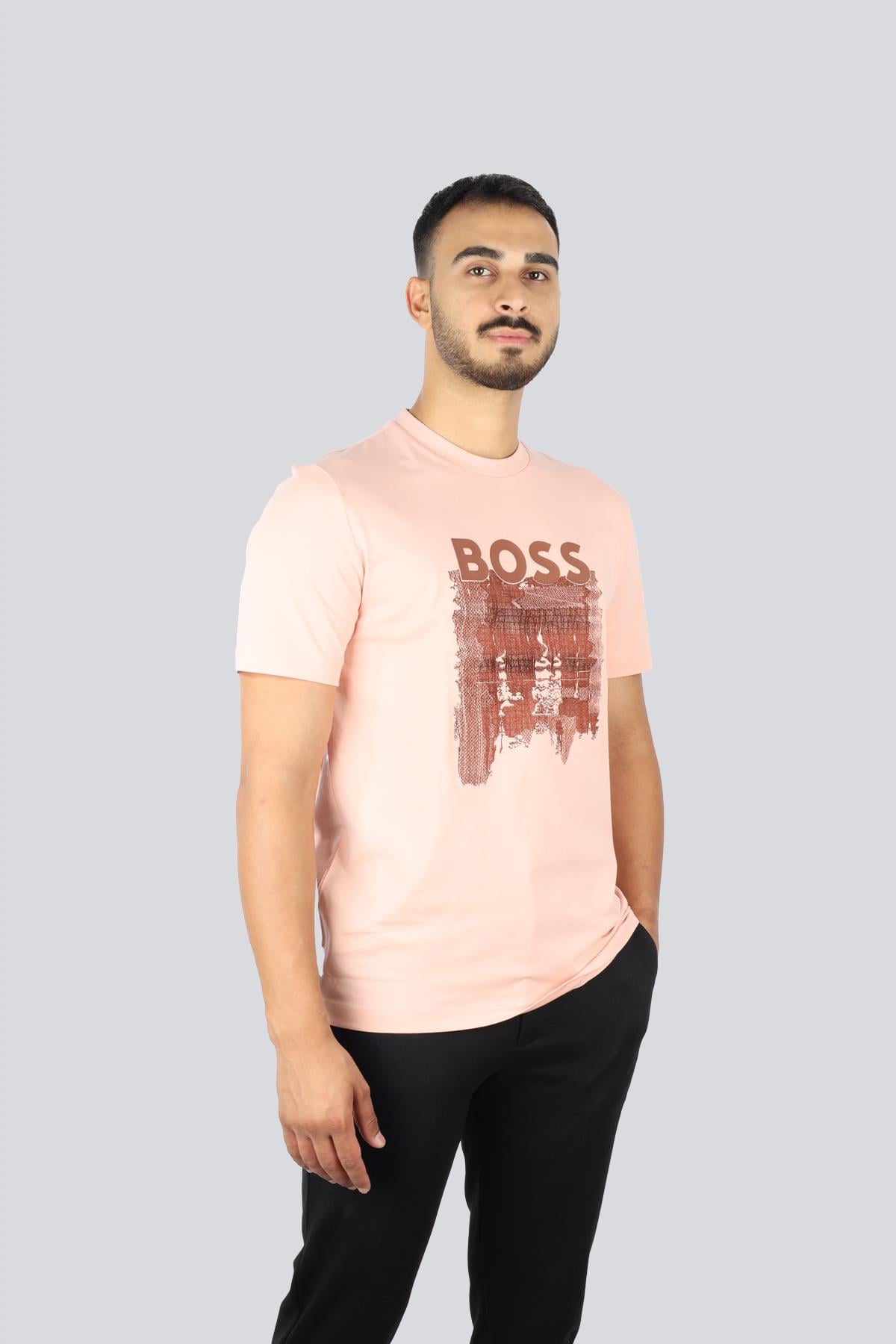 BOSS  BOSS Erkek Boss Yazı Detay Bisiklet Yaka Kısa Kol Pamuklu Pembe T-Shirt 50543916-683