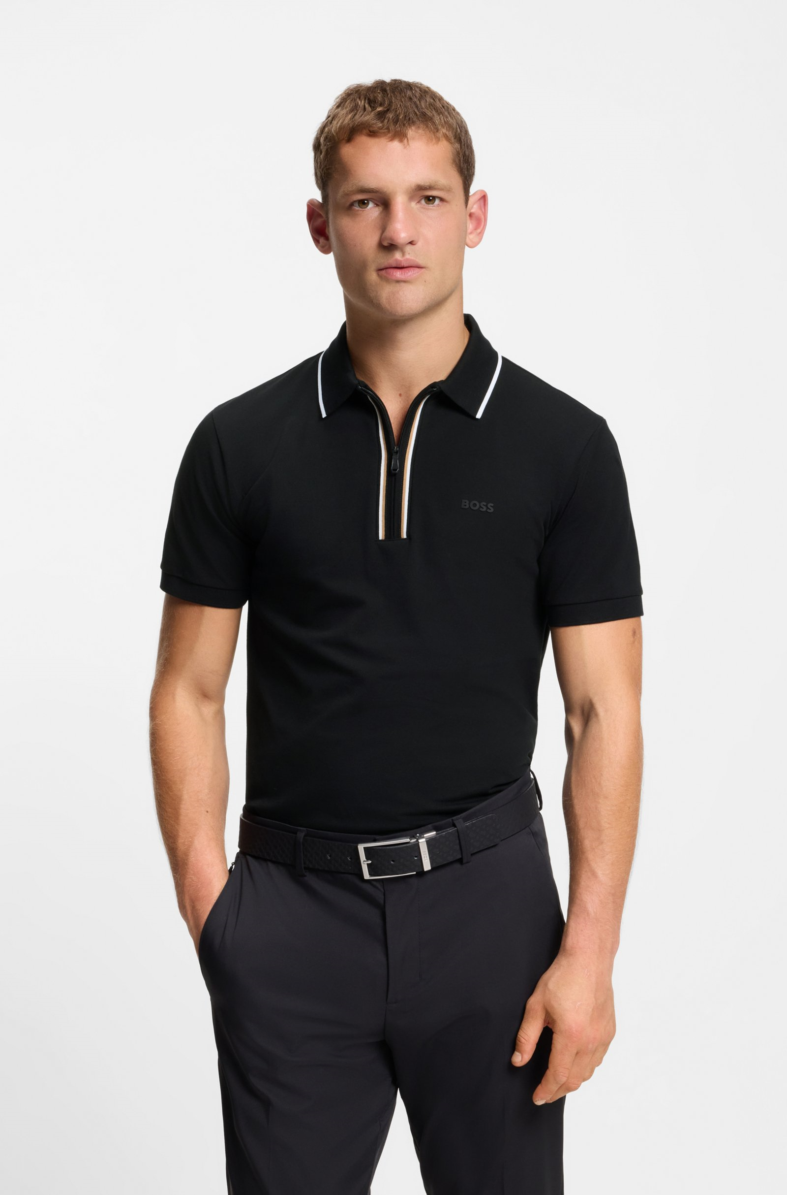 BOSS  BOSS Erkek Dar Kesim Nem Emici Esnek Pamuklu Kısa Kollu Siyah Polo Yaka T-Shirt 50555698-001