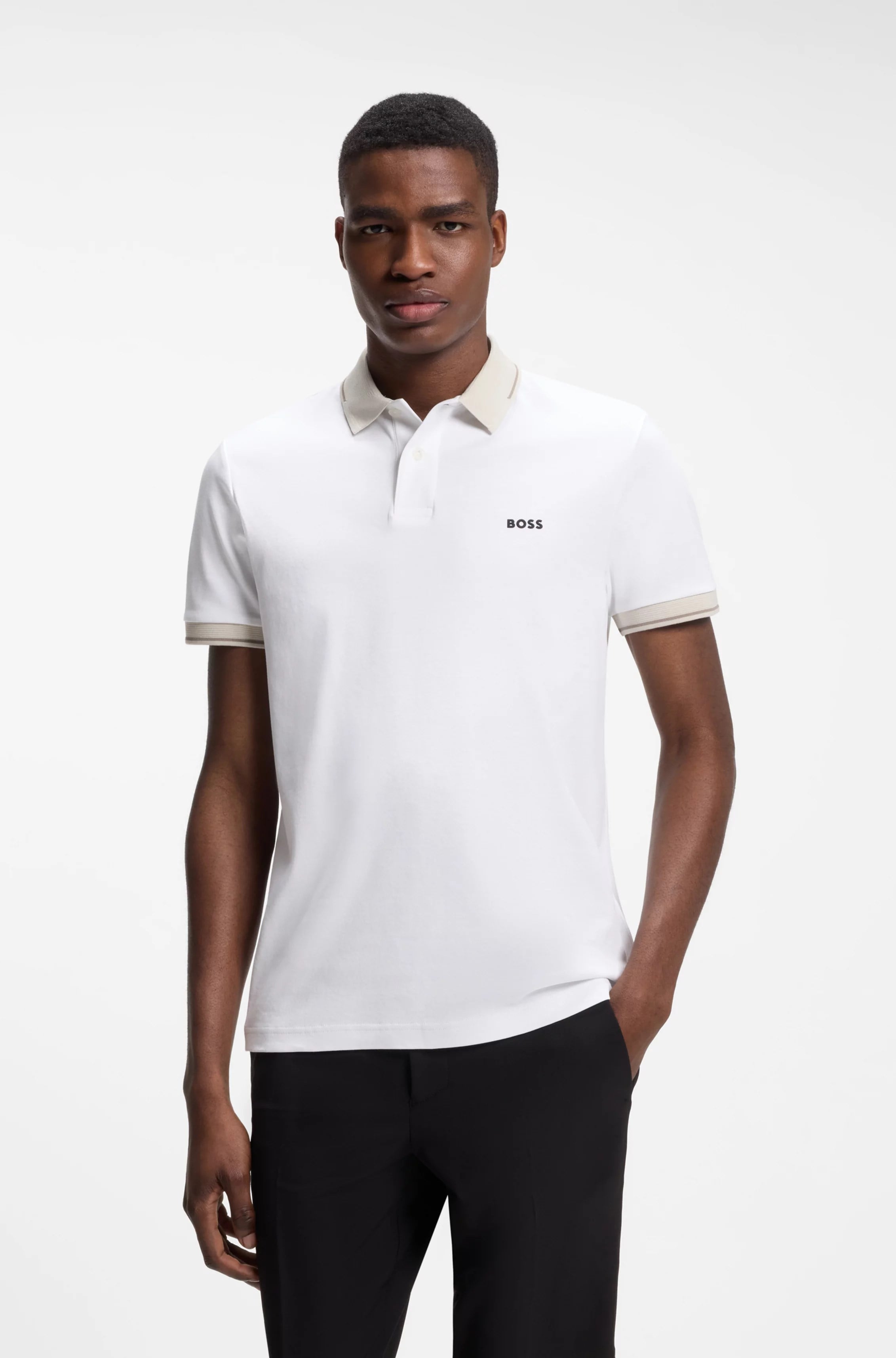 BOSS  BOSS Erkek Dar Kesim Pamuklu Kısa Kollu Beyaz Polo Yaka T-Shirt 50564688-100