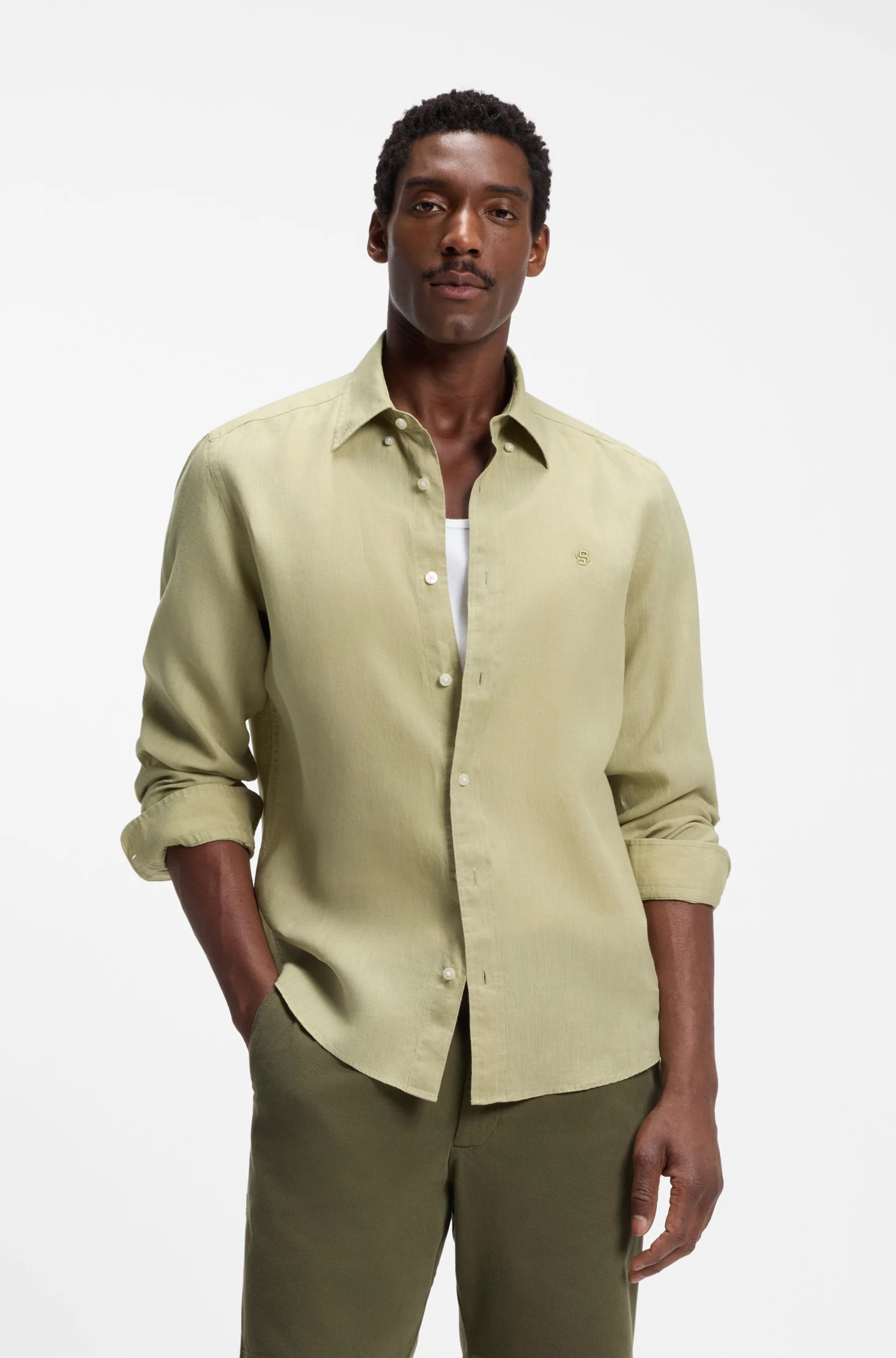 BOSS  BOSS Erkek Gömlek Yaka Düğme Kapama Uzun Kol Slim Fit Açık Yeşil Gömlek 50567009-254