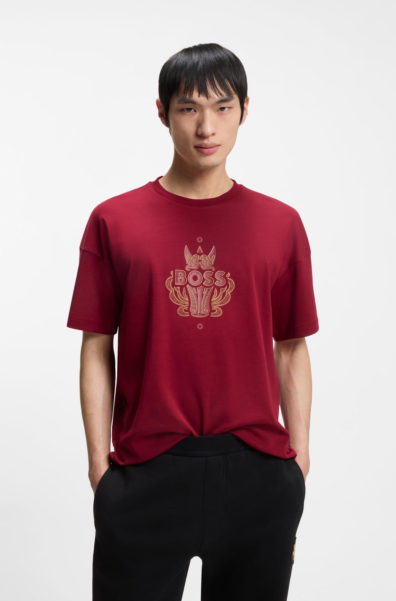 BOSS  BOSS Erkek İşlemeli Logo Tasarımlı %100 Pamuklu Kısa Kollu Kırmızı T-Shirt 50565015-616