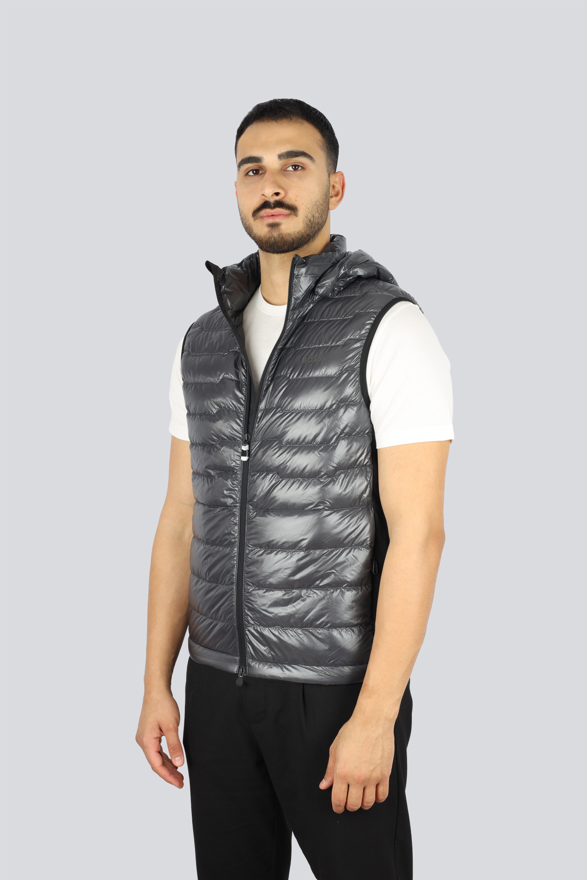 BOSS  BOSS Erkek Kaz Tüyü Dolgulu Normal Kalıp Kapüşonlu Yaka Parlak Dış Yüzeyli Gri Yelek 50541303-027