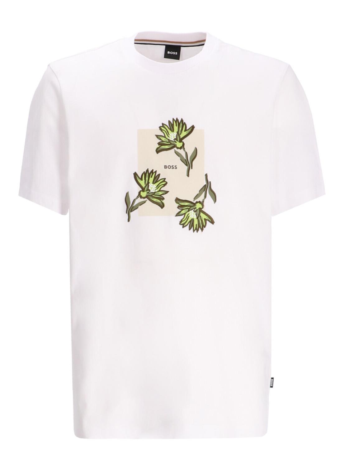 BOSS BOSS Erkek Kısa Kol Bisiklet Yaka Çiçek Desenli Pamuklu Beyaz T-Shirt 50536763-100