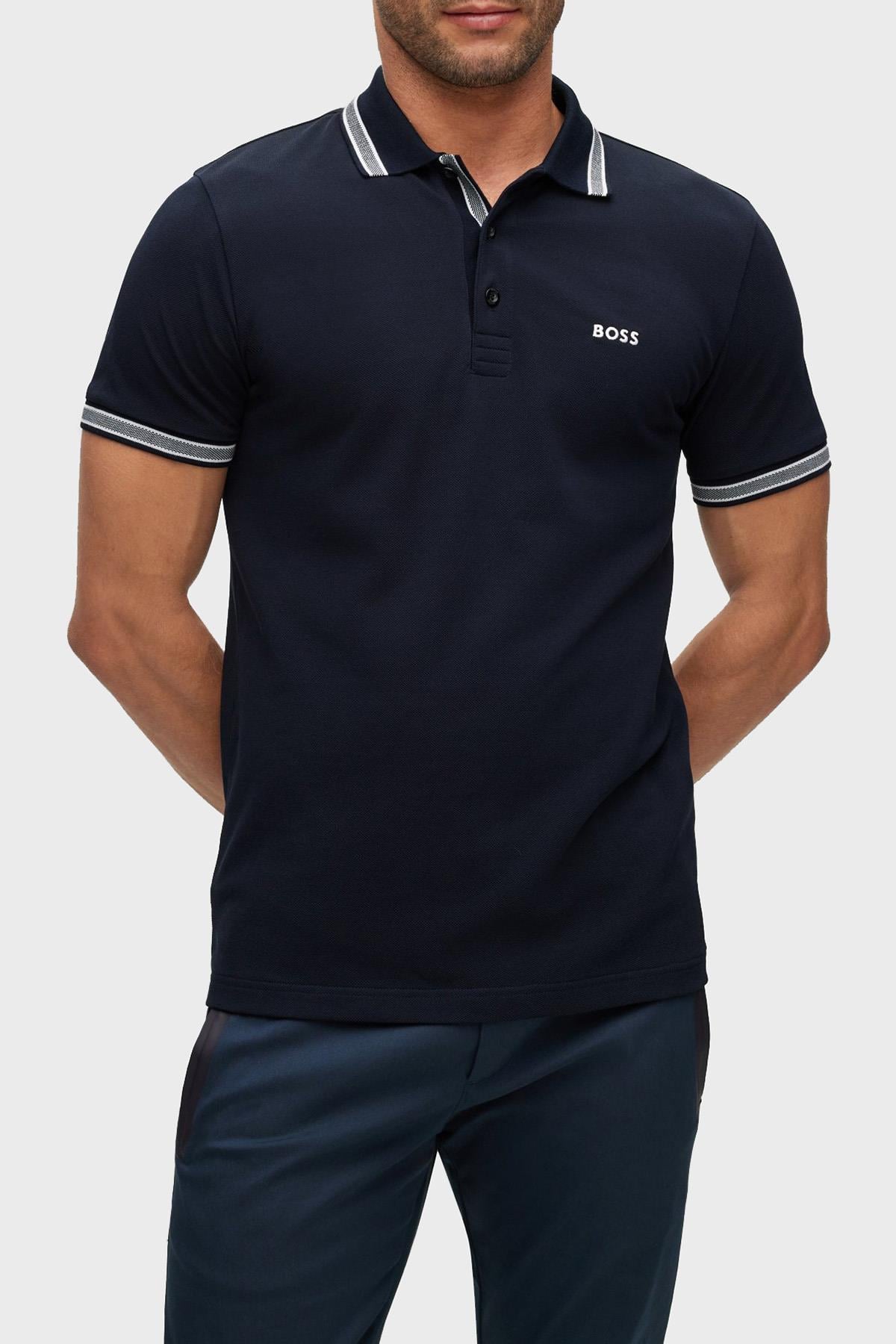 BOSS BOSS Erkek Kısa Kol  Polo Yaka Yaka Ve Kol Uçları Renkli Şerit Kapama Lacivert Polo Yaka T-Shirt 50469055-402