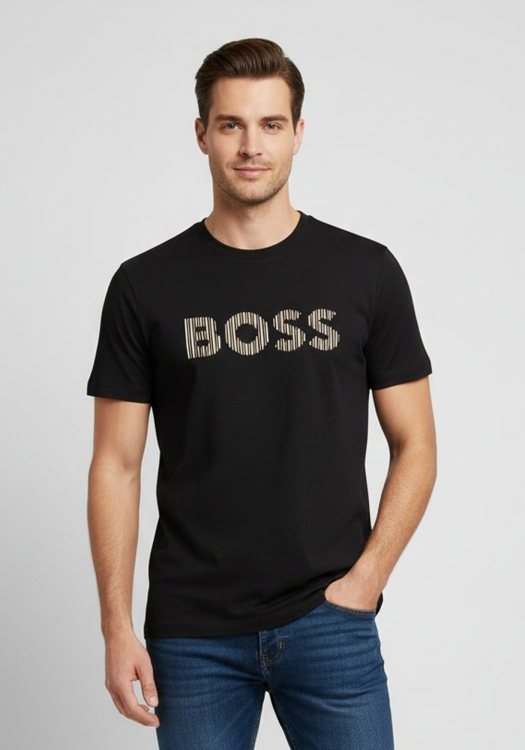 BOSS  BOSS Erkek Logolu Bisiklet Yaka Kısa Kol Standart Siyah T-Shirt 50560466-002