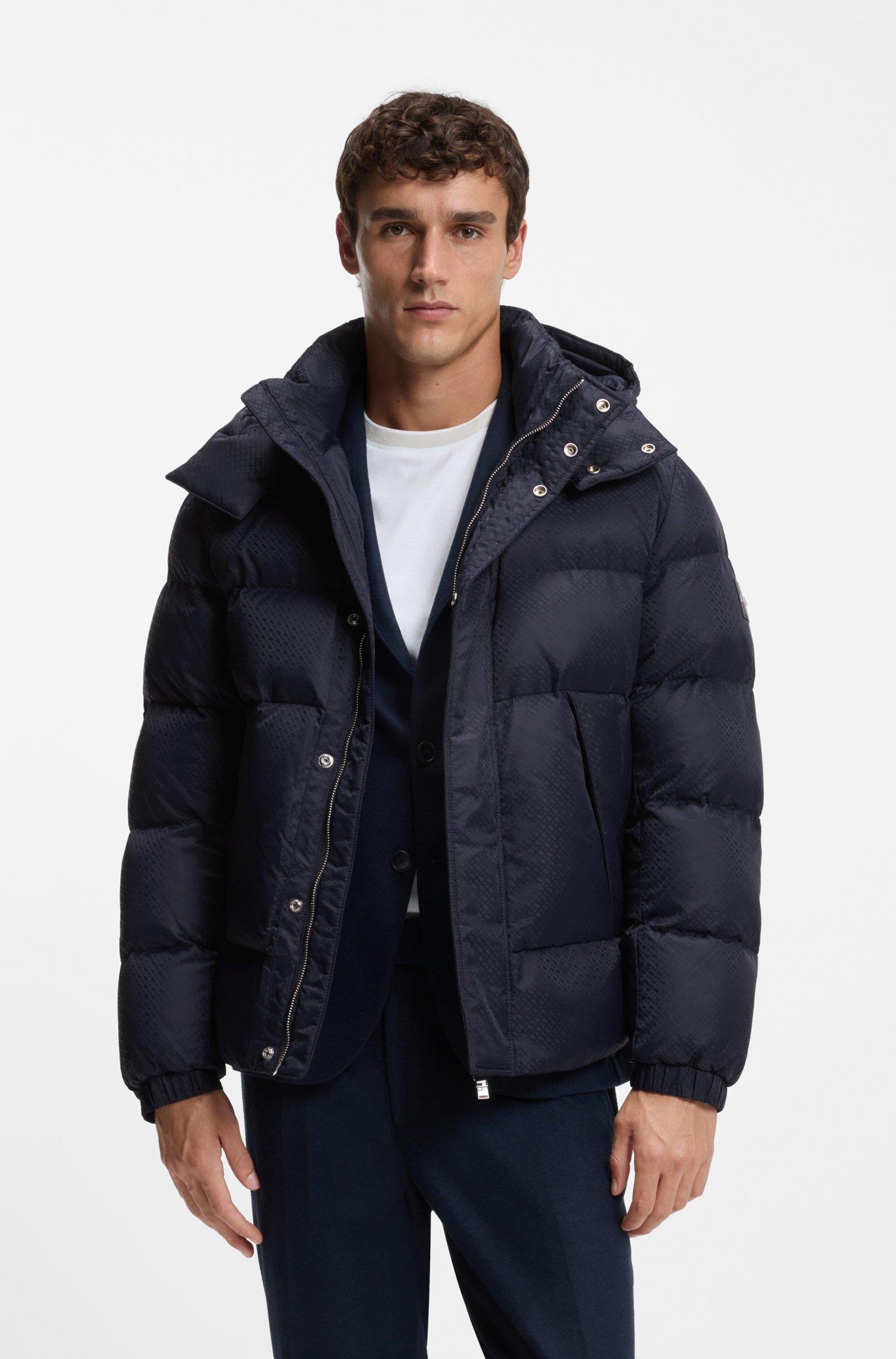BOSS  BOSS Erkek Monogram Jakarlı Logo Desenli Su Geçirmez Kapüşonlu Lacivert Mont 50548727-404