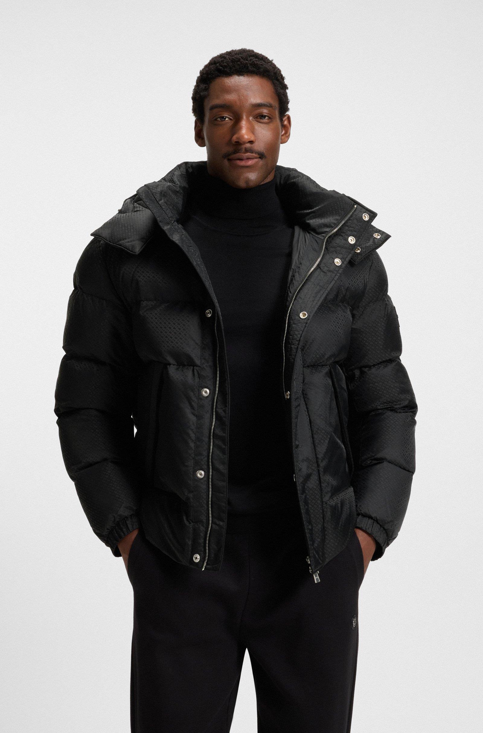 BOSS  BOSS Erkek Monogram Jakarlı Logo Desenli Su Geçirmez Kapüşonlu Siyah Mont 50548727-001