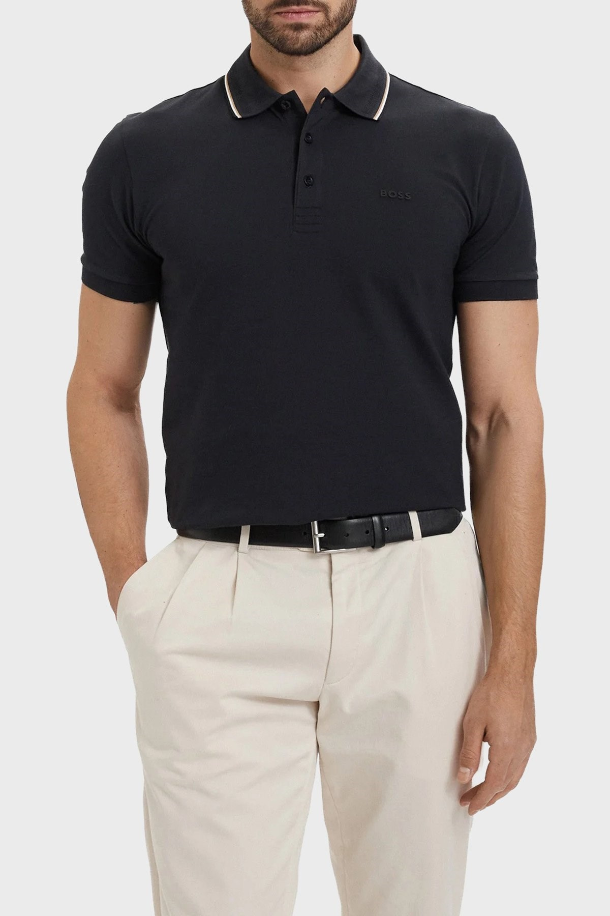 BOSS  BOSS Erkek Normal Kalıp %100 Pamuklu Logo İşlemeli Kısa Kollu Siyah Polo Yaka T-Shirt 50559365-402