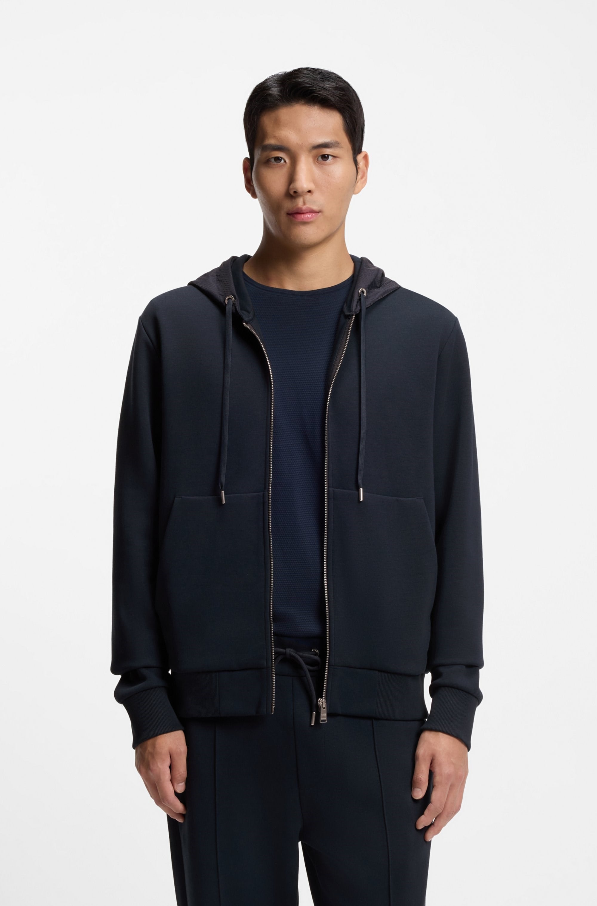 BOSS  BOSS Erkek Normal Kalıp Kapüşonlu Fermuarlı Uzun Kollu Yün Karışımlı Lacivert Sweatshirt 50554191-404