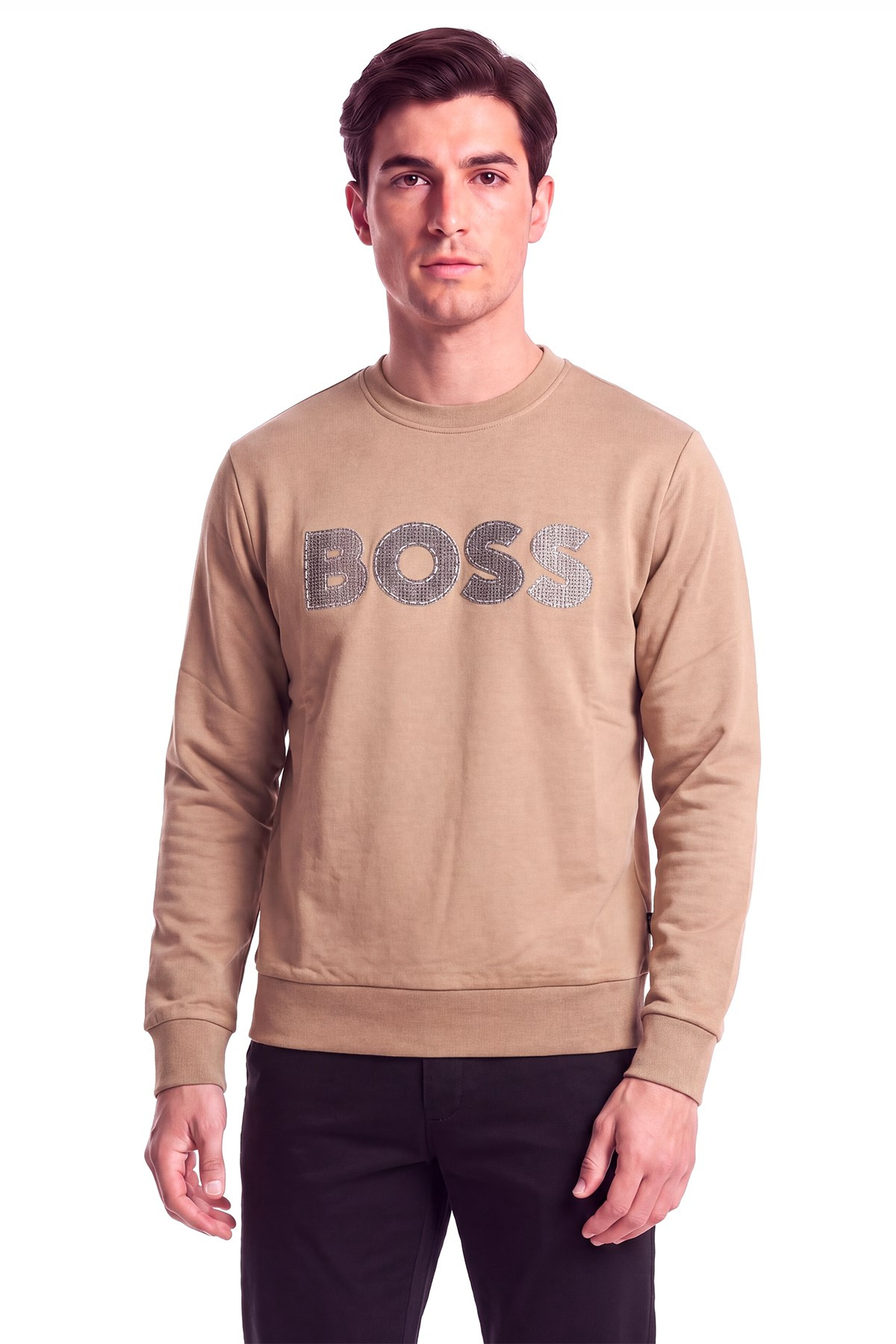 BOSS  BOSS Erkek Normal Kalıp Logo Baskılı Yuvarlak Yakalı Pamuklu Uzun Kollu Bej T-Shirt 50565651-260