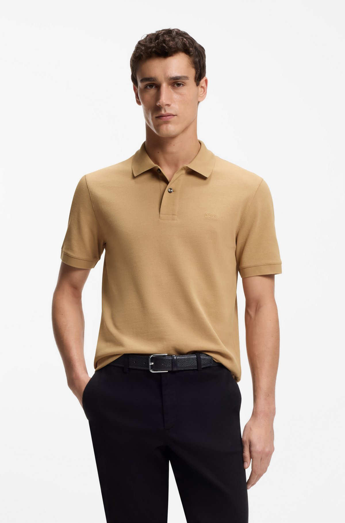 BOSS  BOSS Erkek Normal Kalıp Logo İşlemeli Kısa Kollu Bej Polo Yaka T-Shirt 50553564-260