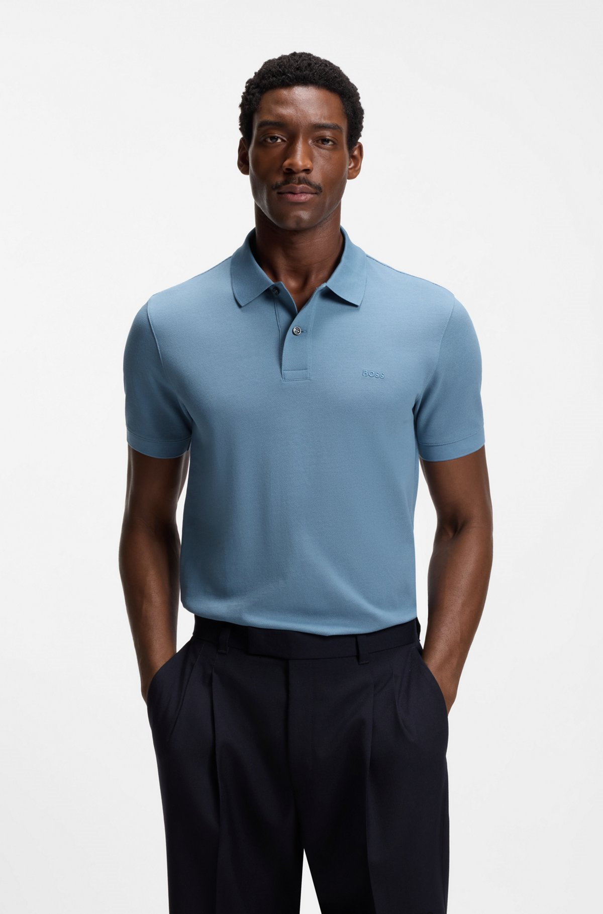 BOSS  BOSS Erkek Normal Kalıp Logo İşlemeli Kısa Kollu Mavi Polo Yaka T-Shirt 50553564-459