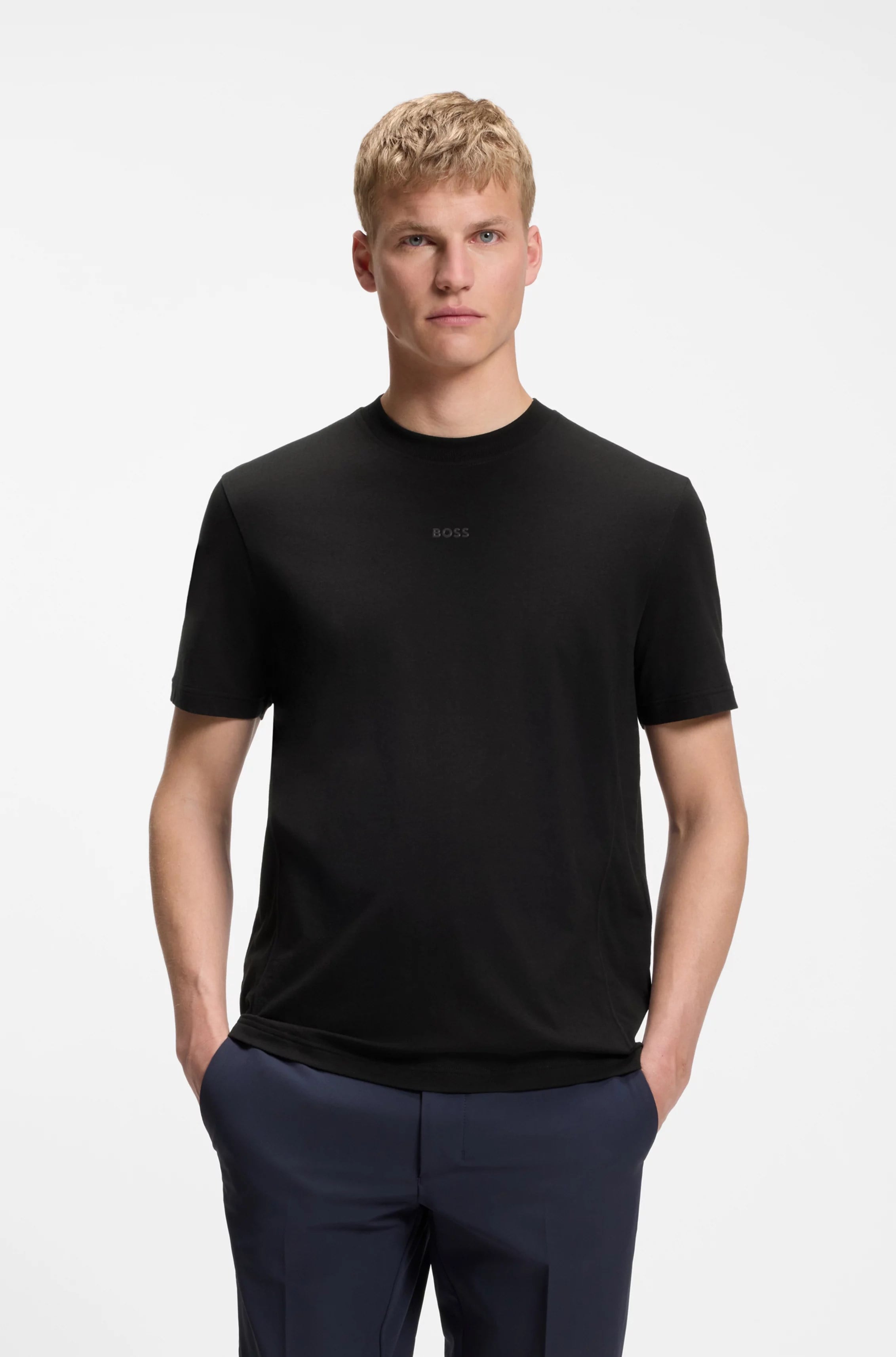 BOSS  BOSS Erkek Normal Kesim Esnek Pamuk Karışımlı Dokuma Kumaş Kısa Kollu Siyah T-Shirt 50564108-001