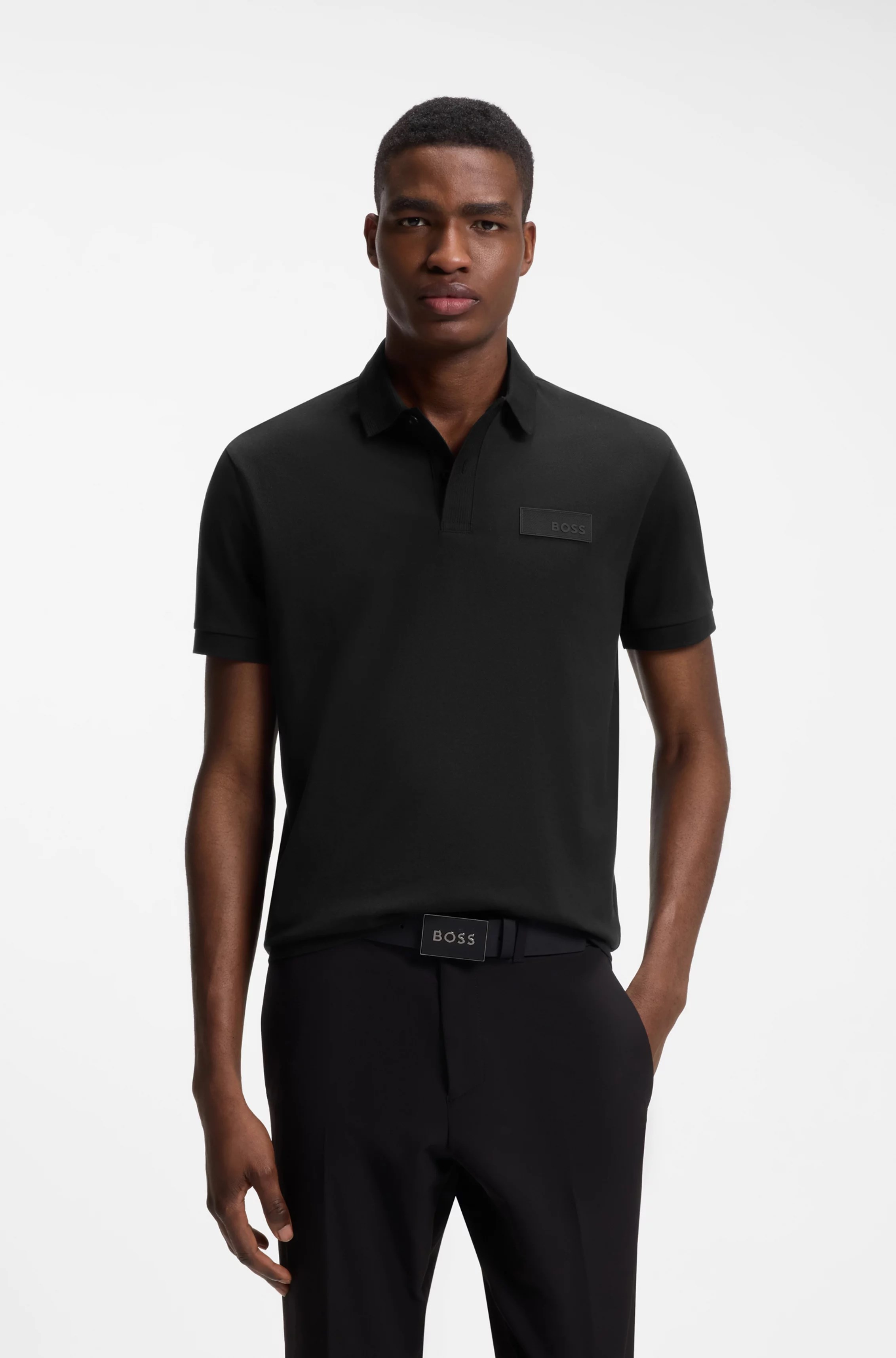 BOSS  BOSS Erkek Normal Kesim Logo Etiketli Nefes Alabilen Pamuklu Pike Kumaş Kısa Kollu Siyah Polo Yaka T-Shirt 50565163-001