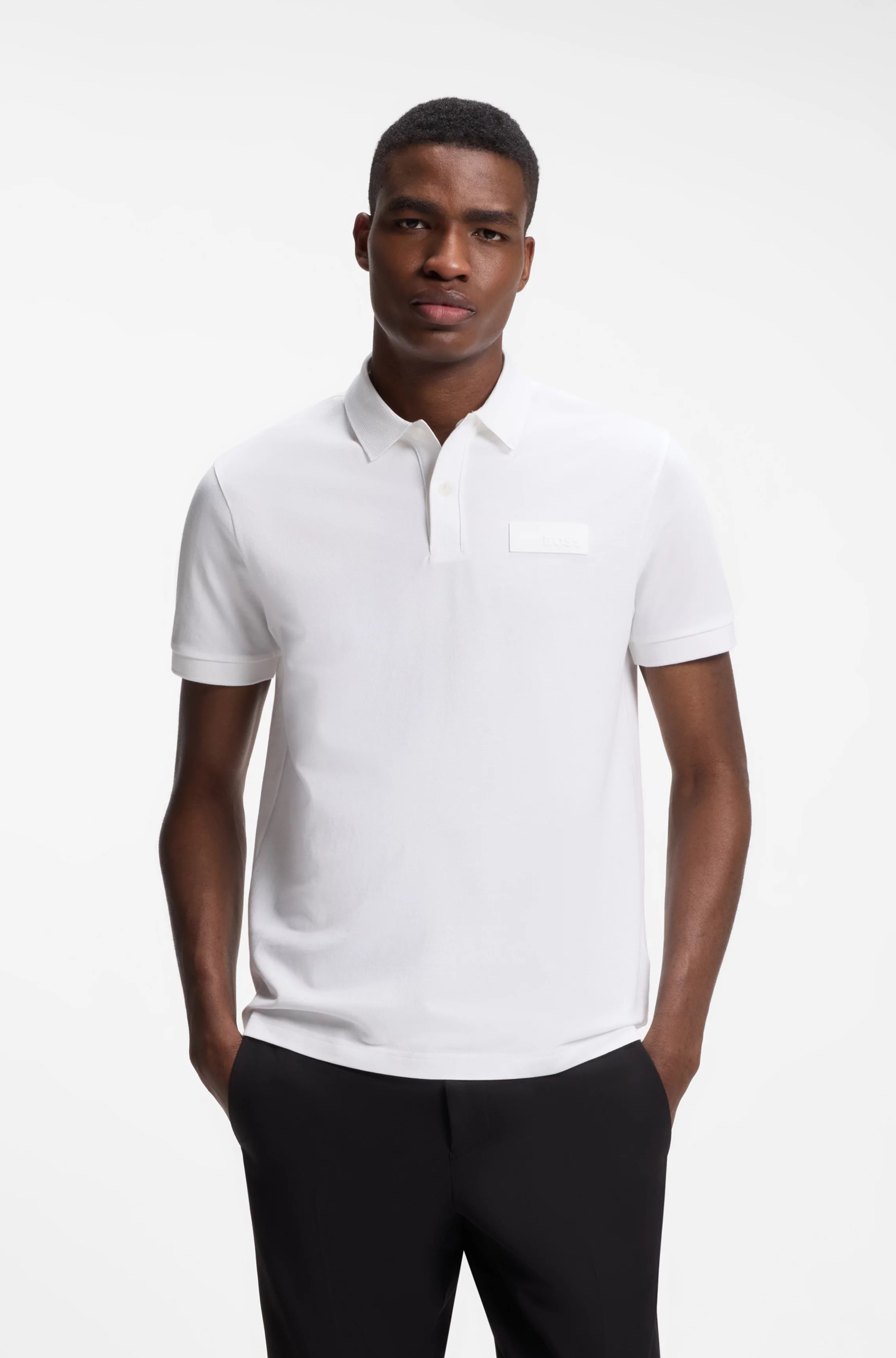 BOSS  BOSS Erkek Normal Kesim Logo Etiketli Nefes Alabilen Pamuklu Pike Kumaş Kısa Kollu Beyaz Polo Yaka T-Shirt 50565163-100