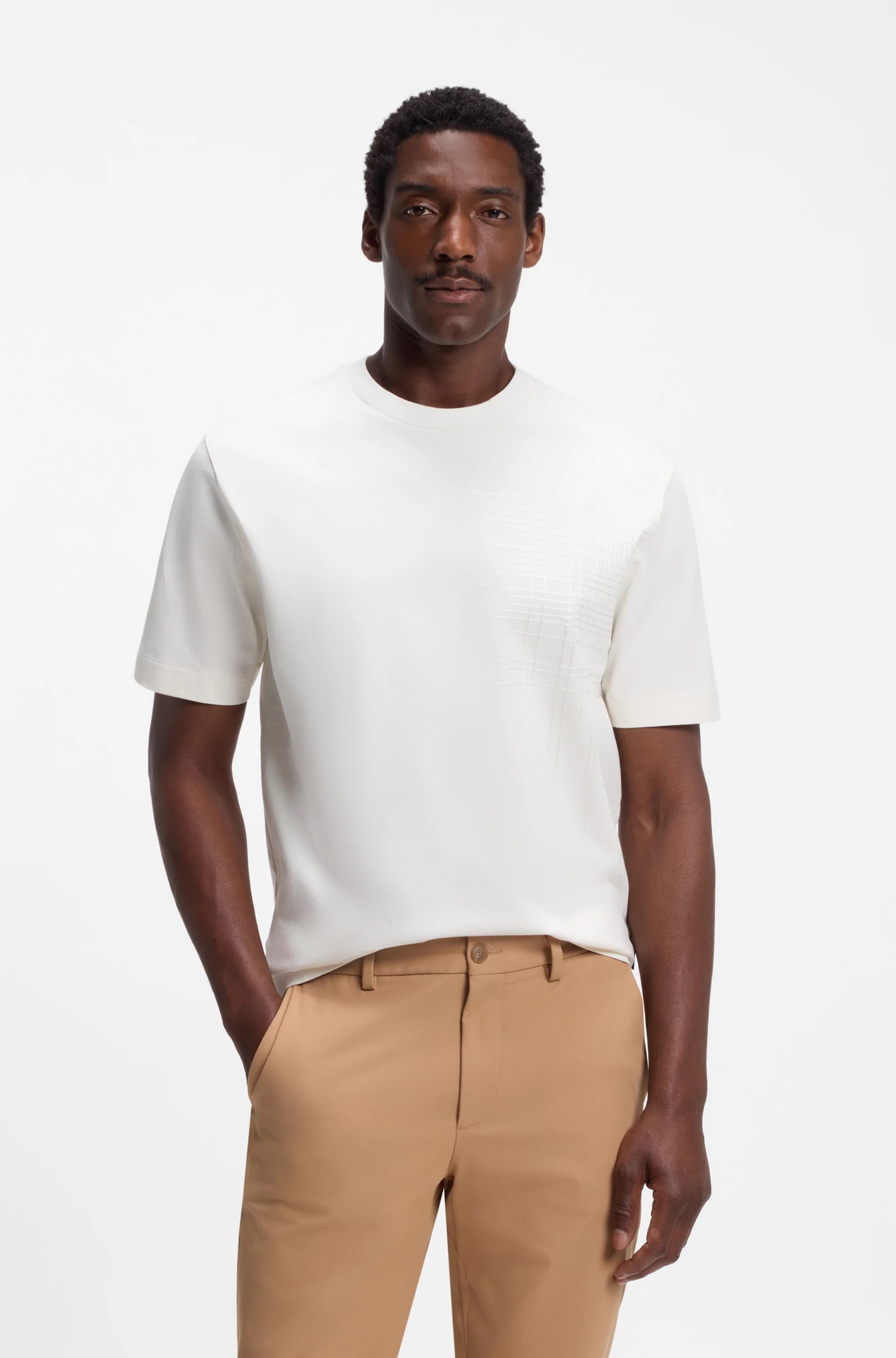 BOSS  BOSS Erkek Normal Kesim Nefes Alabilen Organik Pamuklu Desenli Kısa Kollu Ekru T-Shirt 50565606-118