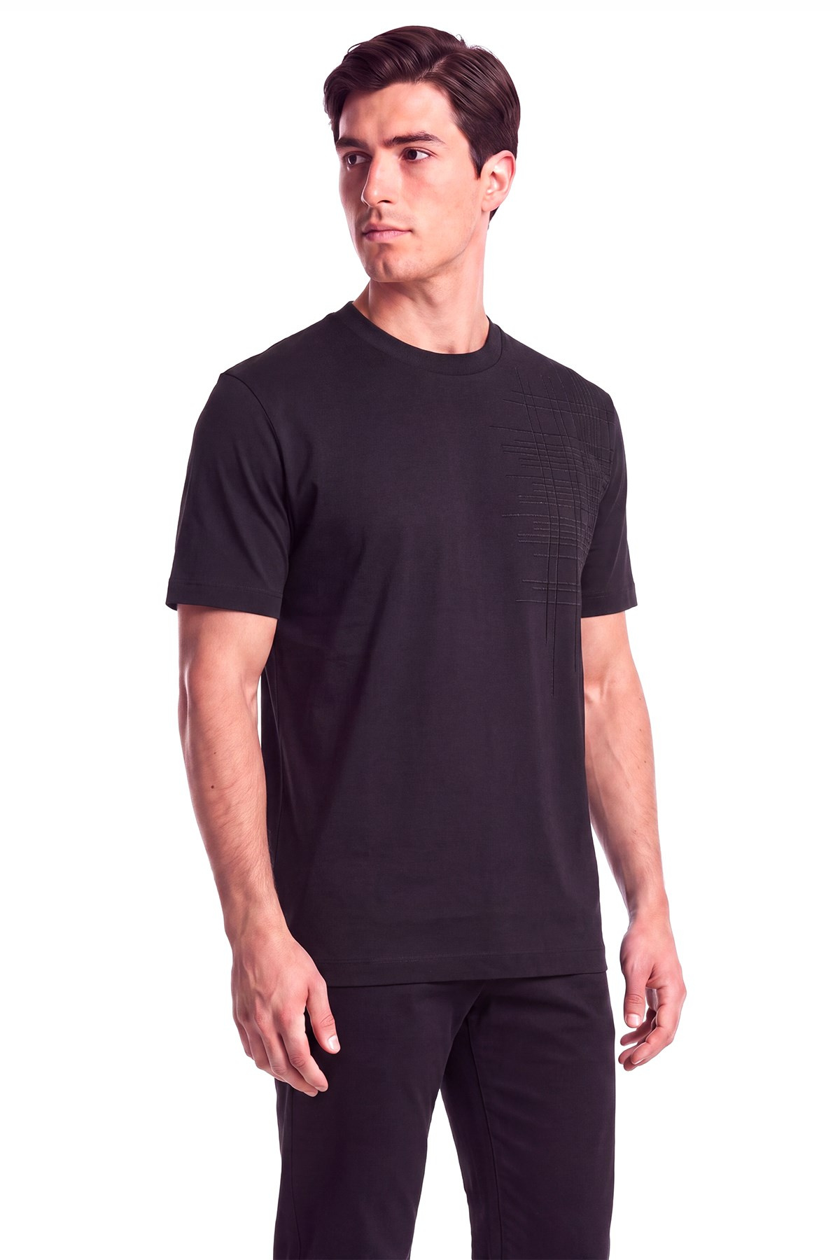 BOSS  BOSS Erkek Normal Kesim Nefes Alabilen Organik Pamuklu Desenli Kısa Kollu Siyah T-Shirt 50565606-001