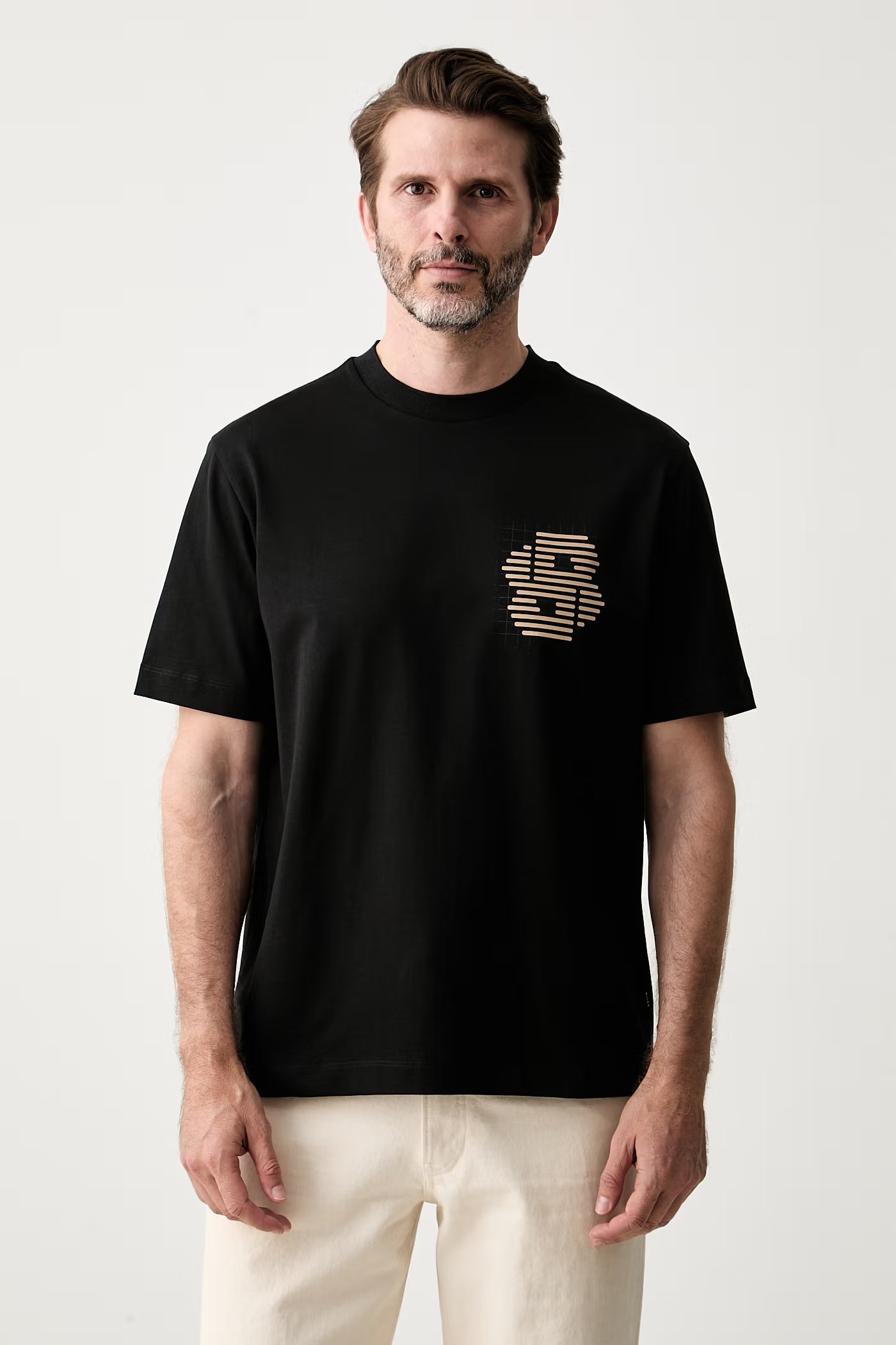BOSS  BOSS Erkek Normal Kesim Nefes Alabilen Organik Pamuklu Desenli Kısa Kollu Siyah T-Shirt 50565606-002