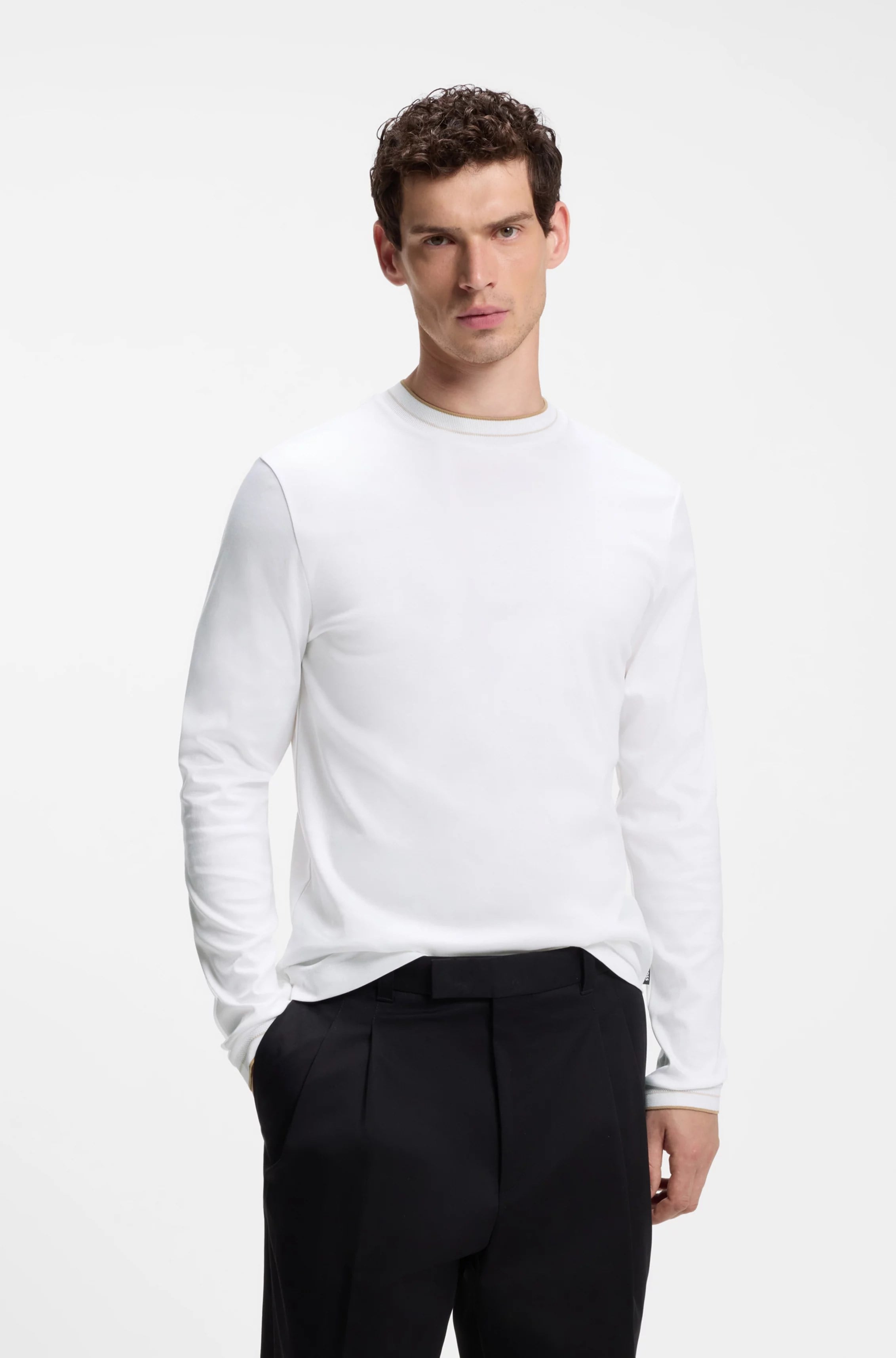 BOSS  BOSS Erkek Normal Kesim Yuvarlak Yakalı Yumuşak Merserize Pamuklu Uzun Kollu Beyaz T-Shirt 50565601-100