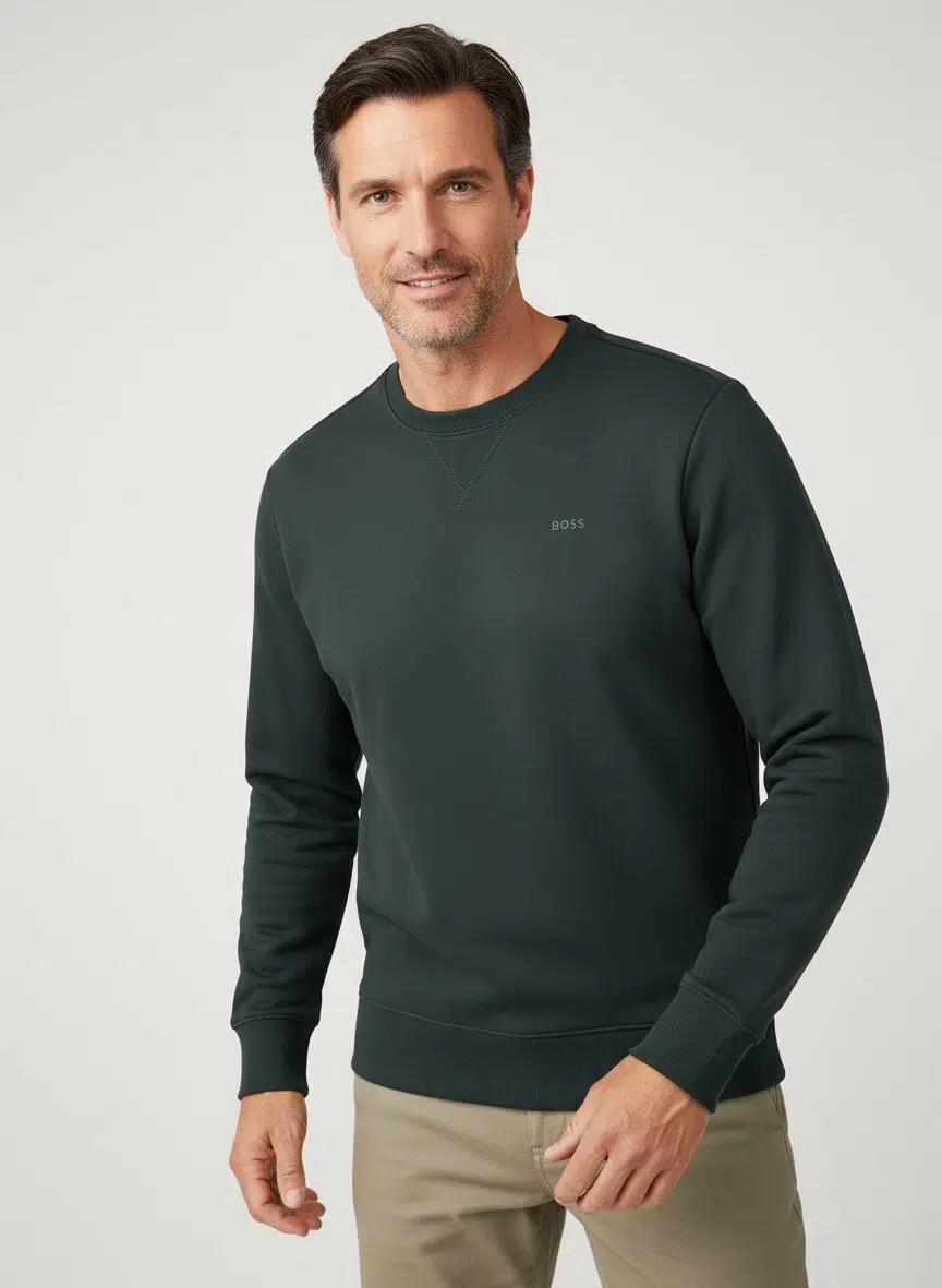 BOSS  BOSS Erkek Normal Kesim Yuvarlak Yakalı Pamuklu Havlu Kumaş Uzun Kollu Yeşil Sweatshirt 50546387-348