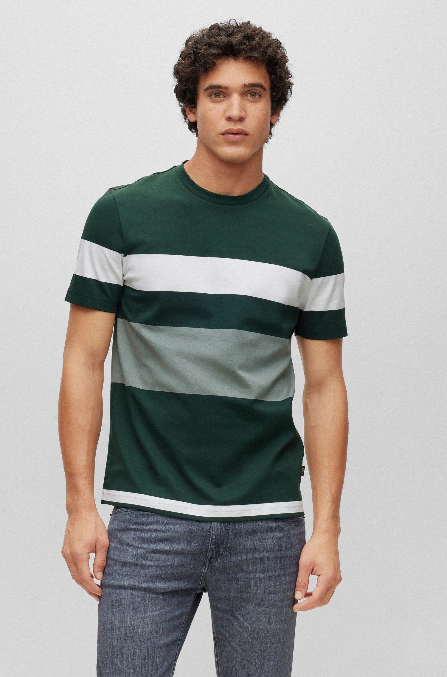 BOSS BOSS Erkek oversize fit Kısa Kollu Çizgili Bisiklet Yaka Yeşil T-Shirt 50486208-343