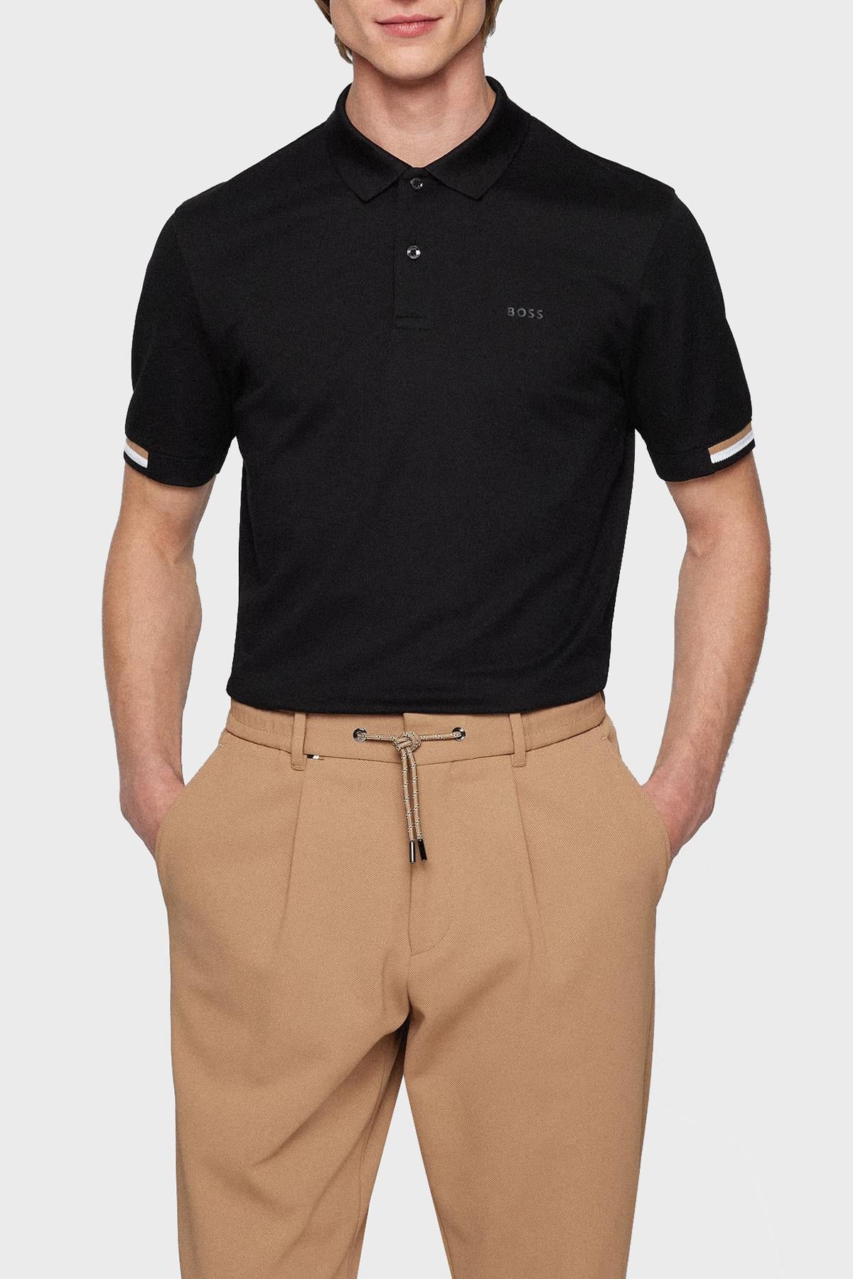 BOSS BOSS Erkek Pamuklu Polo Yakalı Düğme Kapamalı Kısa Kollu Siyah Polo Yaka T-Shirt 50467113-001