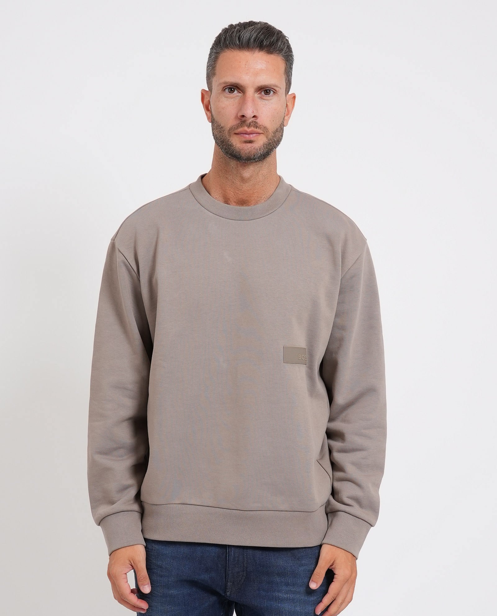BOSS  BOSS Erkek Rahat Kalıp Logo Etiketli Yuvarlak Yakalı Pamuklu Uzun Kollu Gri Sweatshirt 50564103-334