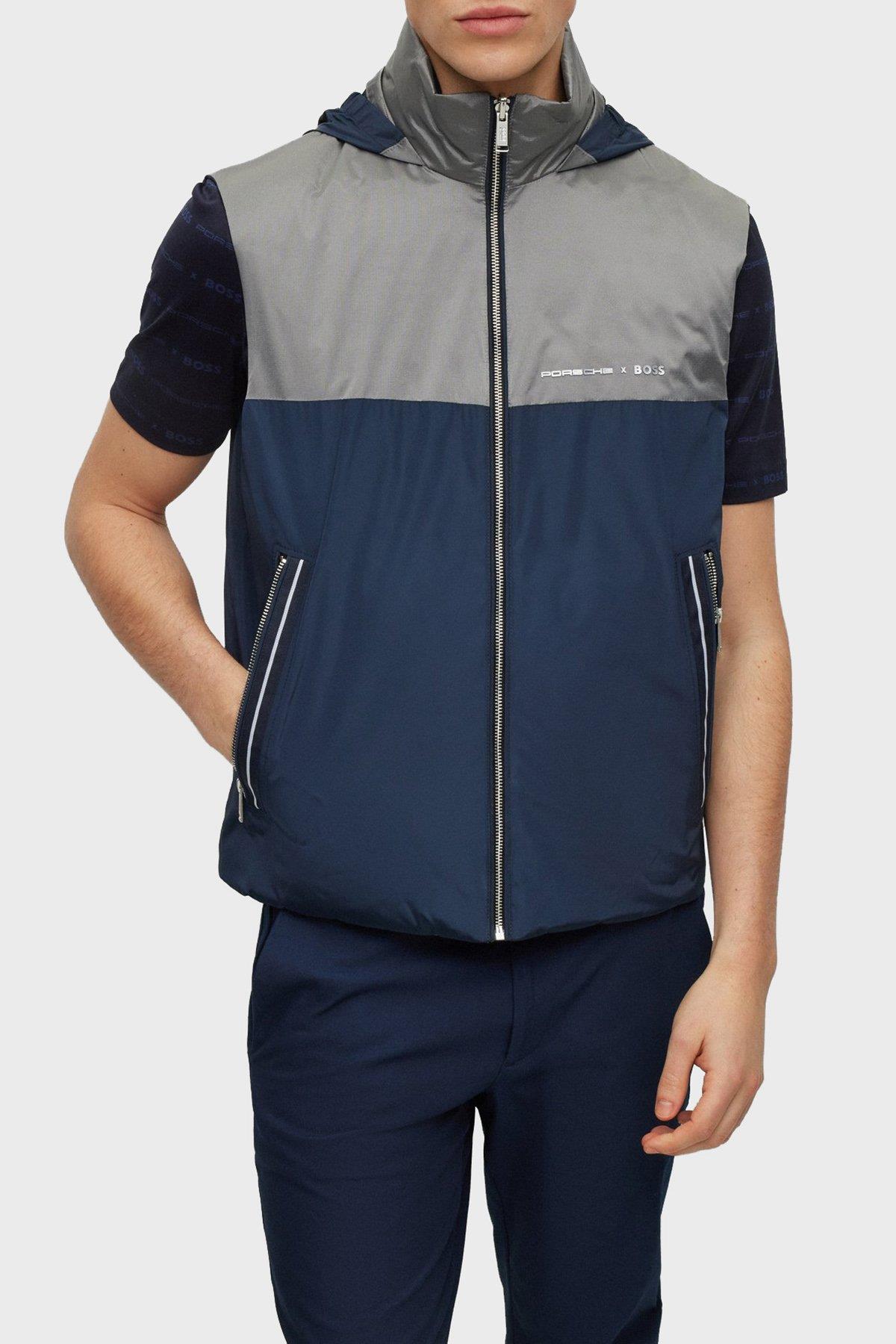 BOSS BOSS Erkek regular fit Kolsuz düz Kapuşonlu Yaka Mavi Yelek 50490451-404