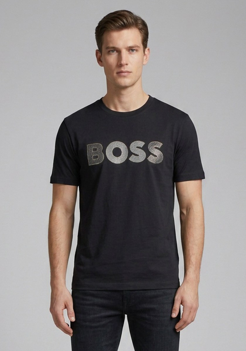 BOSS  BOSS Erkek Regular Fit Yuvarlak Yakalı Logo Detaylı Pamuklu Kısa Kollu Siyah T-Shirt 50565630-001