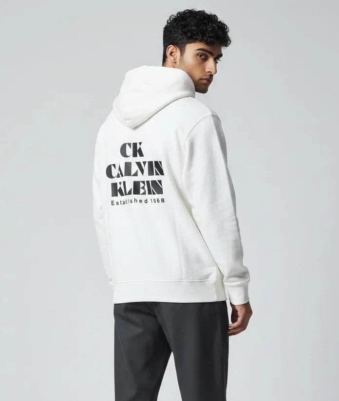 Calvin Klein Calvin Klein Erkek Normal Kalıp Önü ve Arkası Logo Baskılı Kapüşonlu Ekru Sweatshirt LV04RG273G-YAS