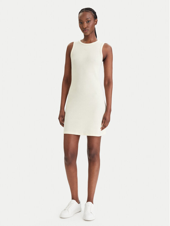 Calvin Klein Calvin Klein Kadın Dar Kesim Pamuklu Yuvarlak Yakalı Kolsuz Mini Krem Elbise LV047F235G-ZRK