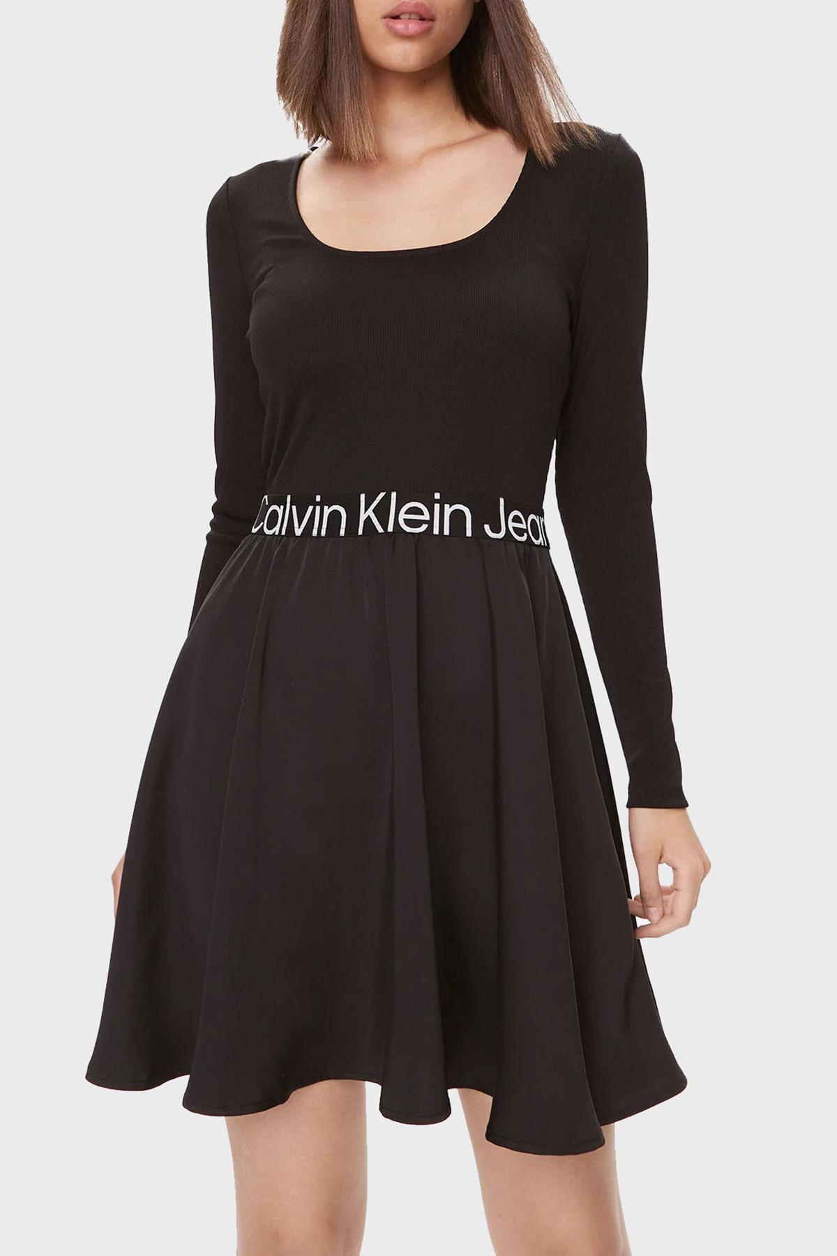 Calvin Klein Calvin Kleın Kadın Logolu Yuvarlak Yakalı Uzun Kollu Günlük Kullanım Siyah Elbise J20J222714-BEH
